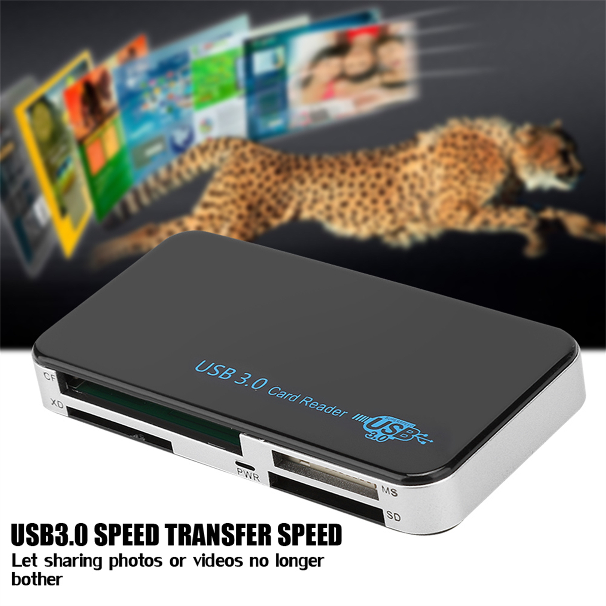 Schwarzer USB 3.0 Kartenleser, mit einem Geparden im Hintergrund.