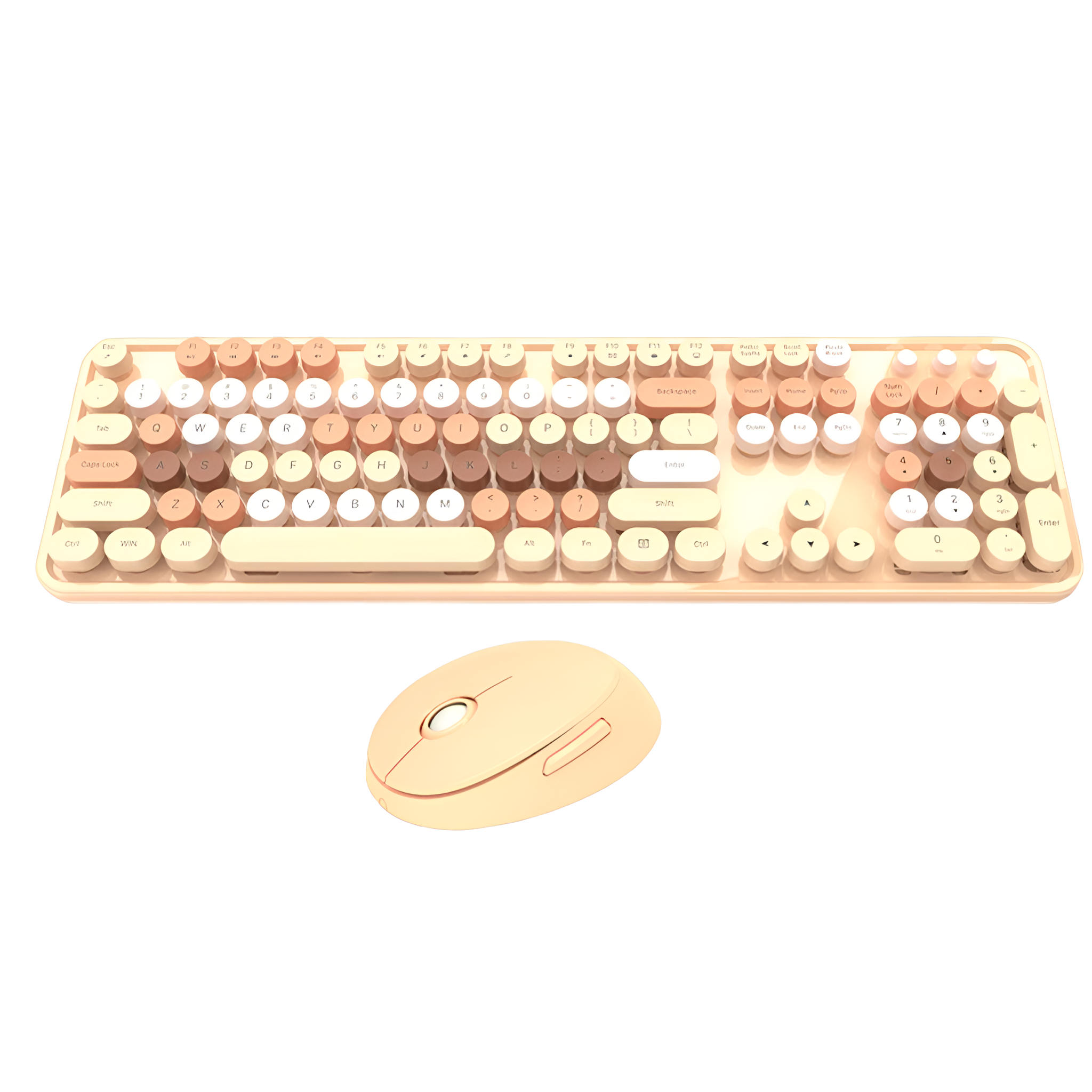Ein Tastatur- und Maus-Set im Retro-Stil. Die Tastatur ist beige mit abgerundeten Tasten.