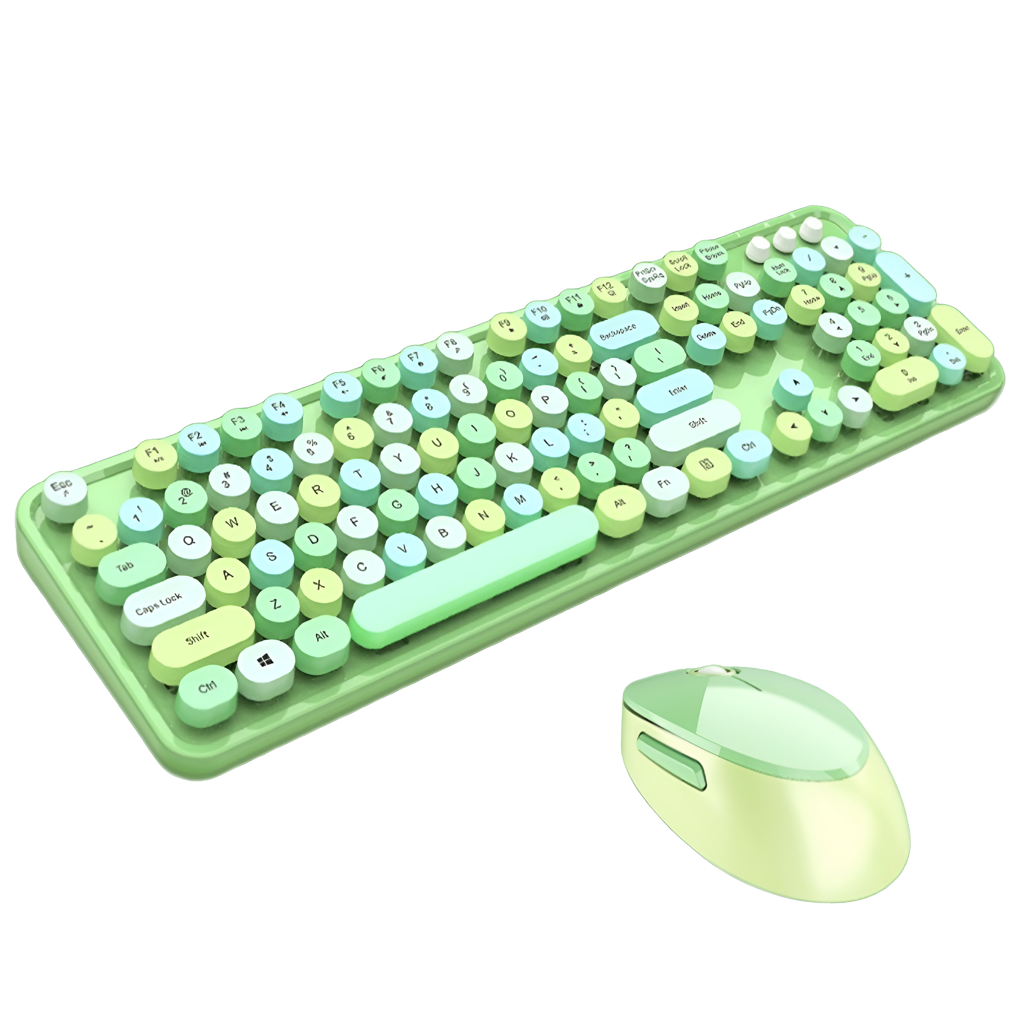 Grünes Tastatur- und Maus-Set. Die Tastatur hat runde Tasten.