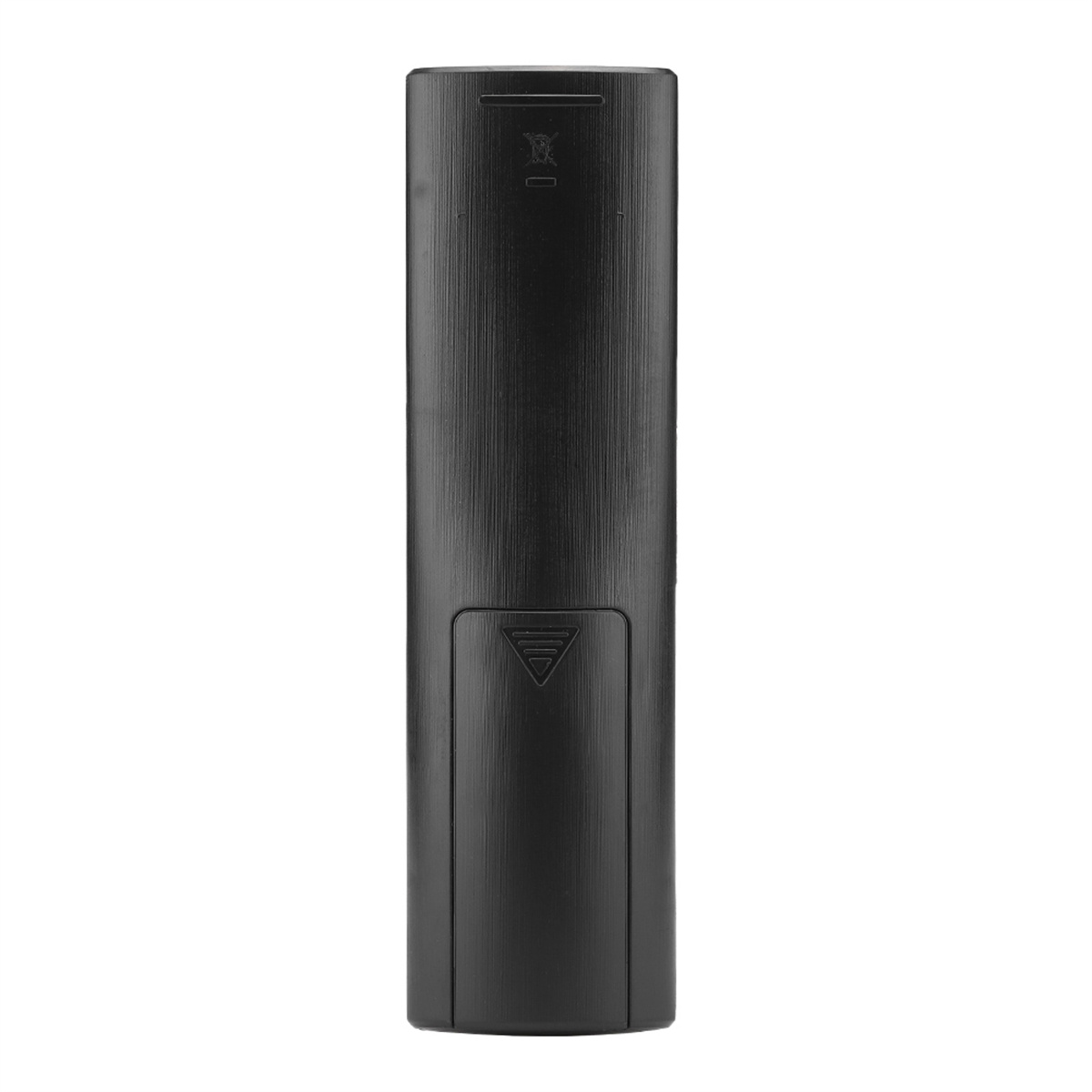 Die Rückseite einer schwarzen Fernbedienung mit Batteriefach.
