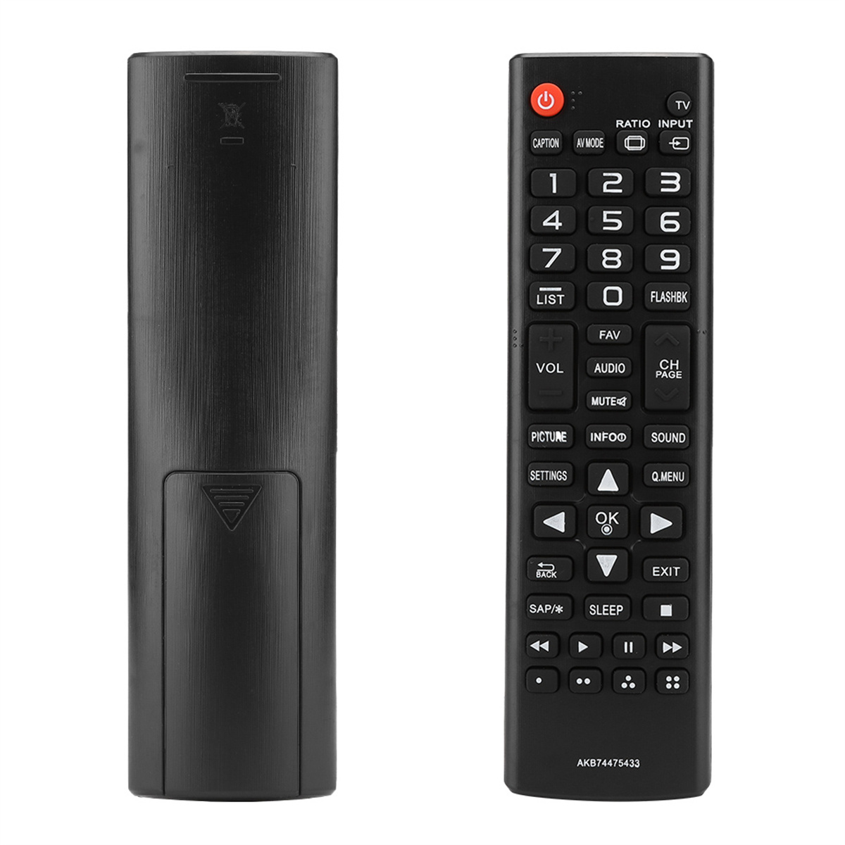 Eine schwarze Fernbedienung mit Knöpfen und einem Batteriefach auf der Rückseite.