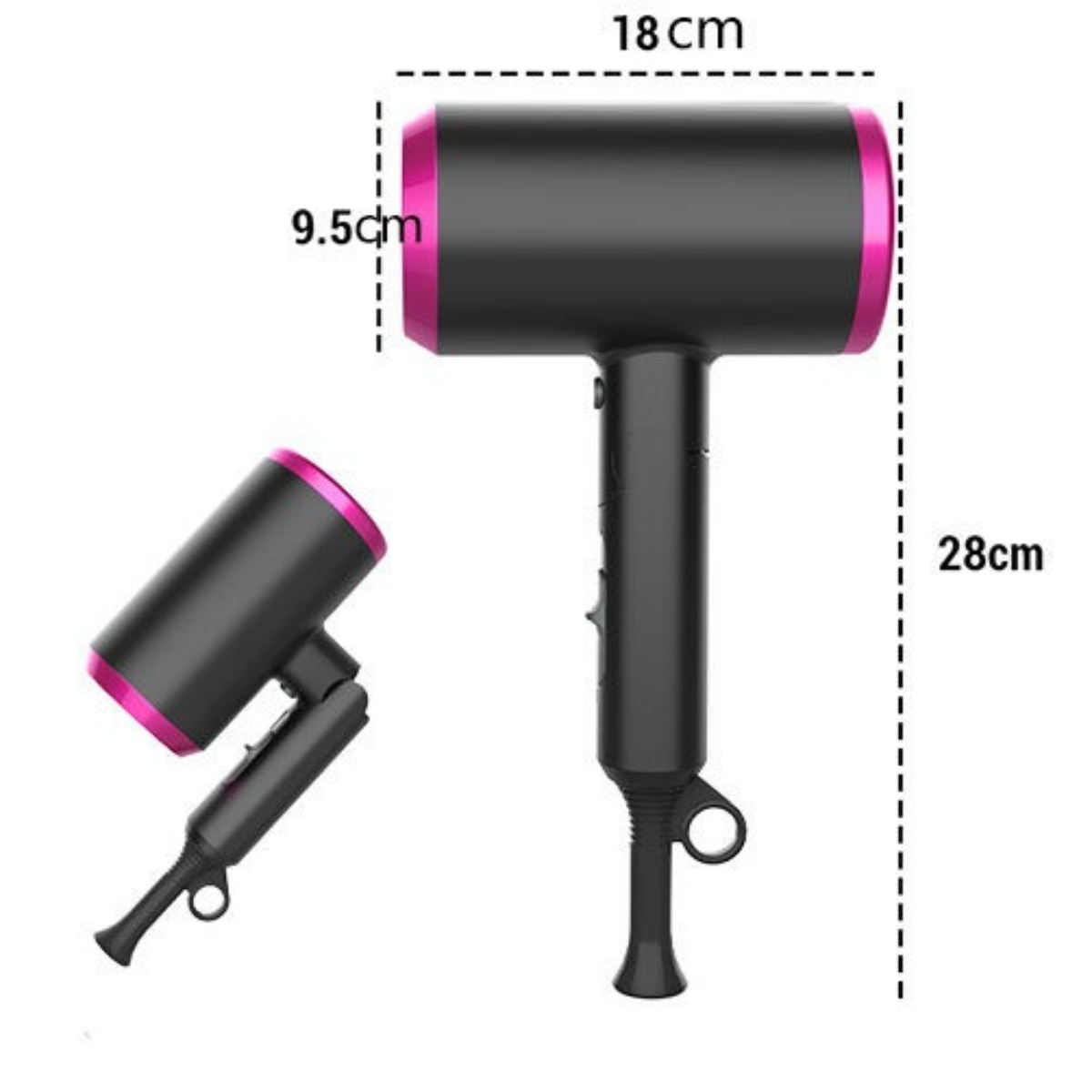 Zwei Haartrockner, schwarz und rosa. Einer steht, der andere liegt.