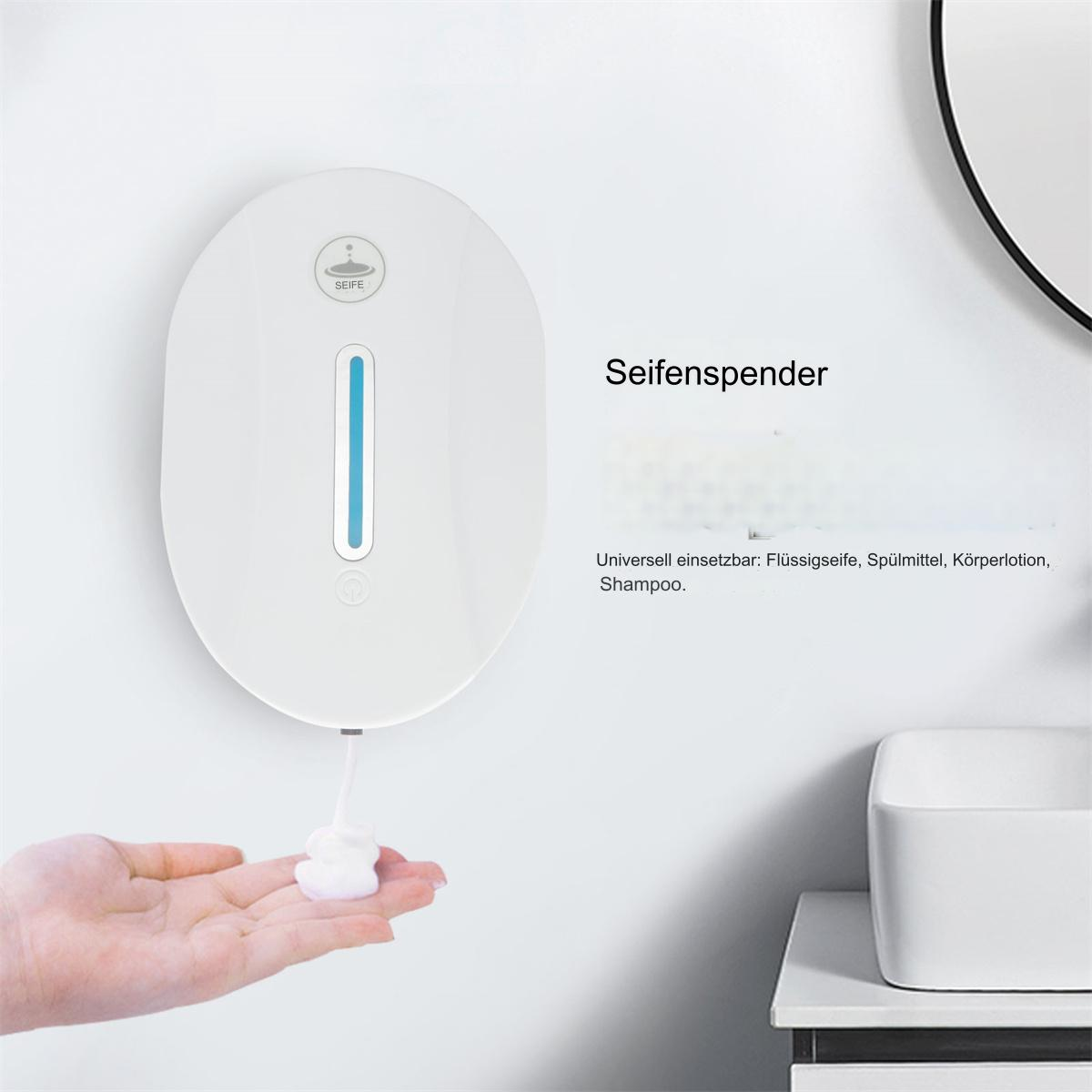 Weißer Seifenspender an einer Wand mit einer Hand darunter. Er hat ein blaues Licht.