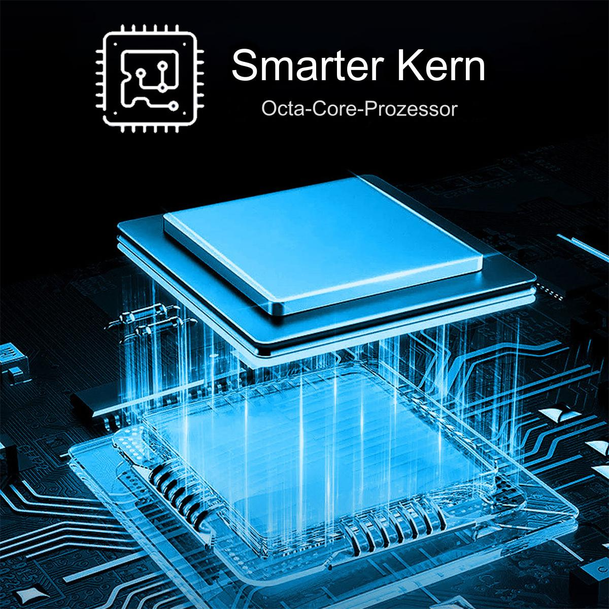 Blaue Leiterplatte mit Prozessor, zeigt 'Smarter Kern' und 'Octa-Core-Prozessor'.
