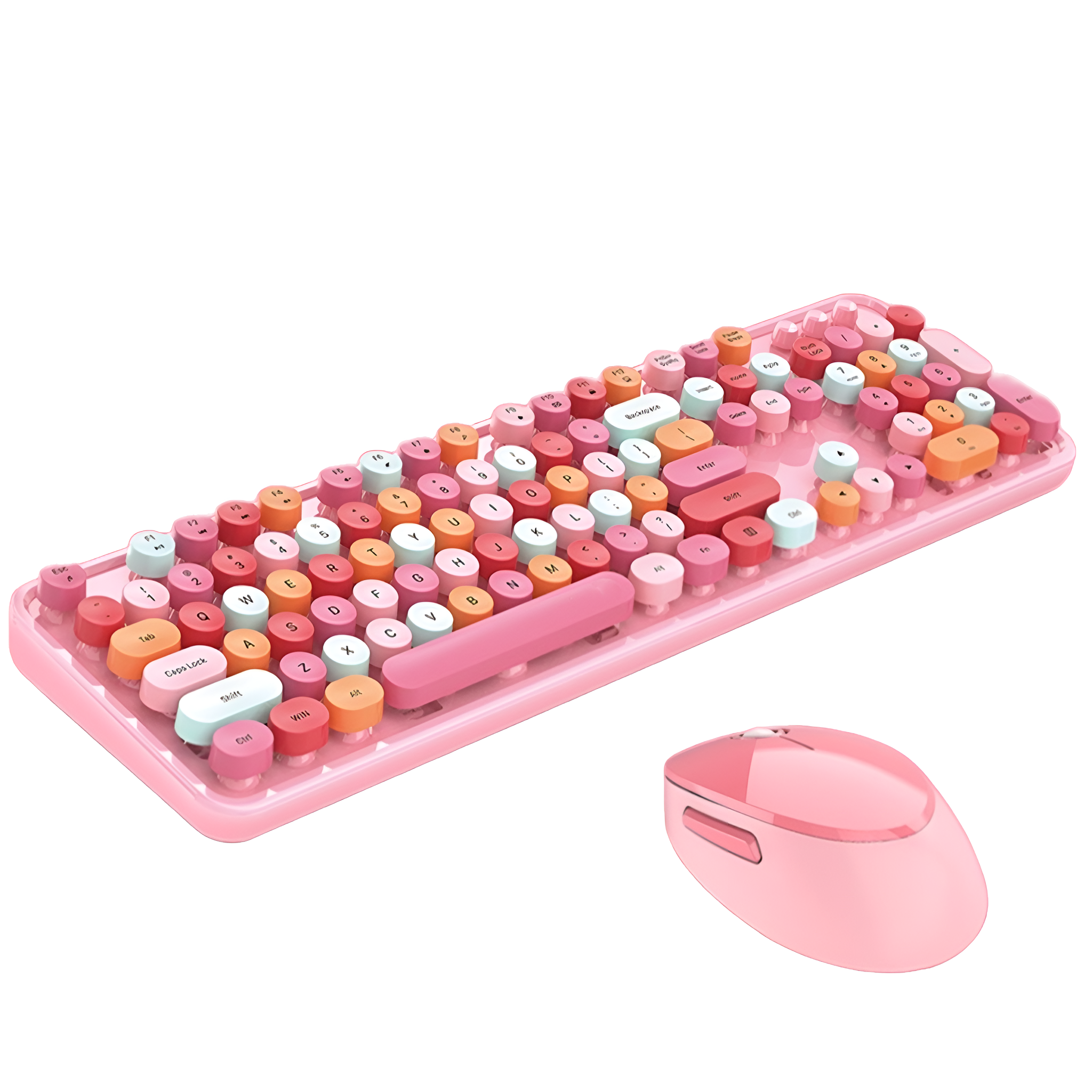 Eine rosa Tastatur mit abgerundeten Tasten und eine passende Maus werden vor weißem Hintergrund gezeigt.
