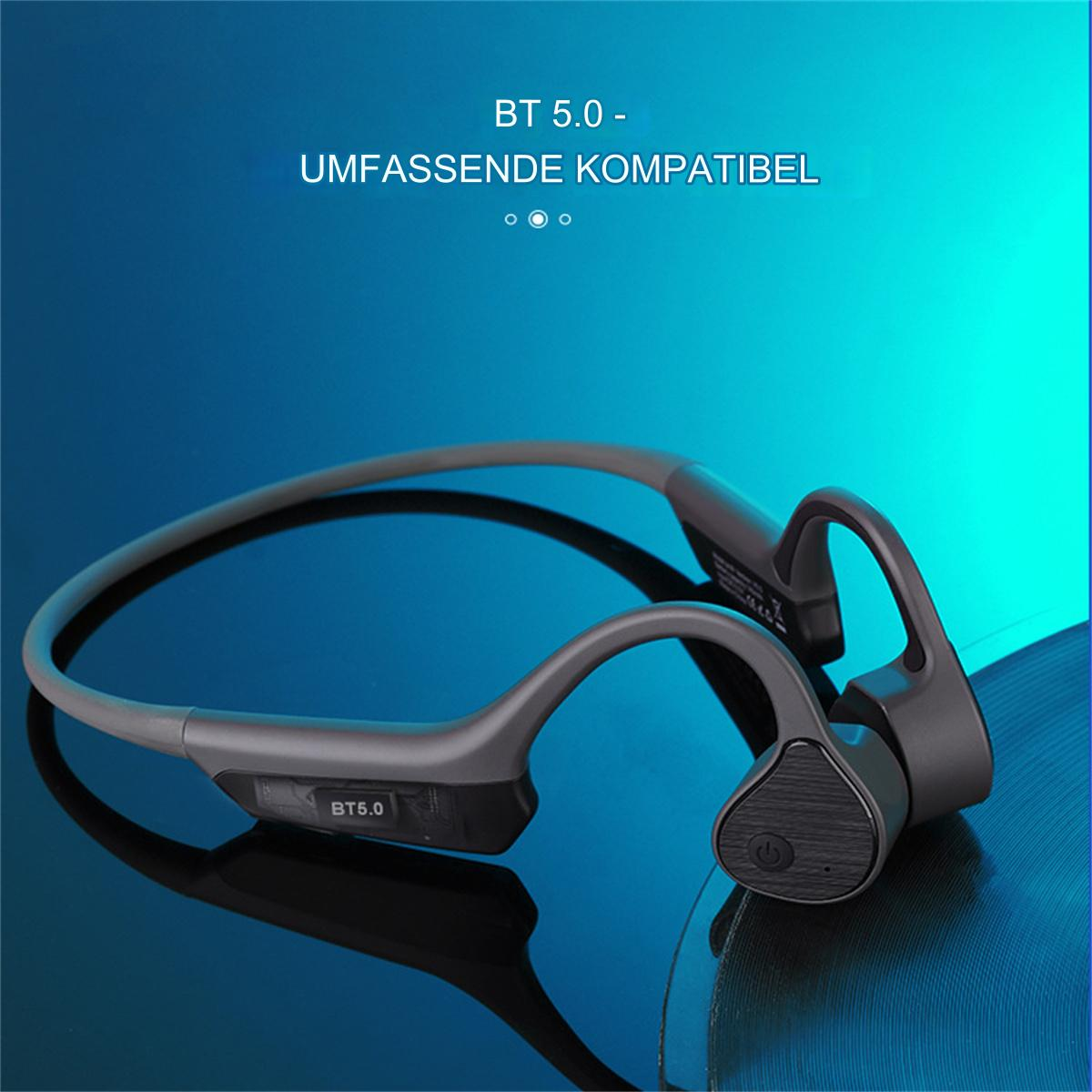 Grau-schwarze kabellose Kopfhörer auf blauem, reflektierenden Hintergrund.