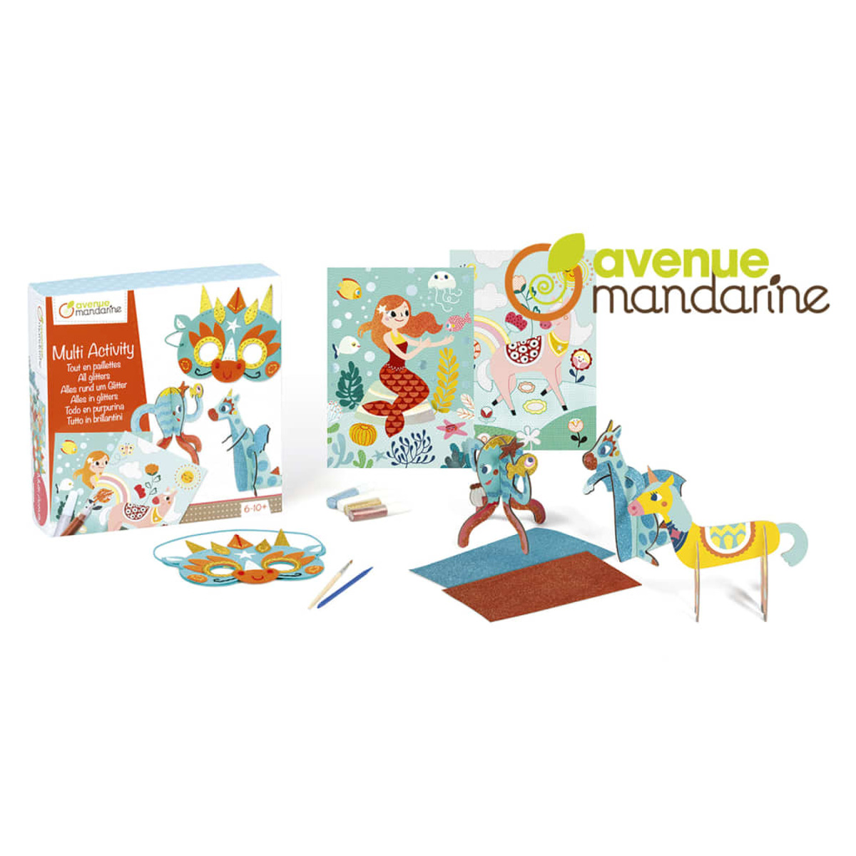 Multi-Aktivitäts-Set mit Bastelartikeln und einer Box, mit Meerjungfrau, Einhorn und anderen Designs.