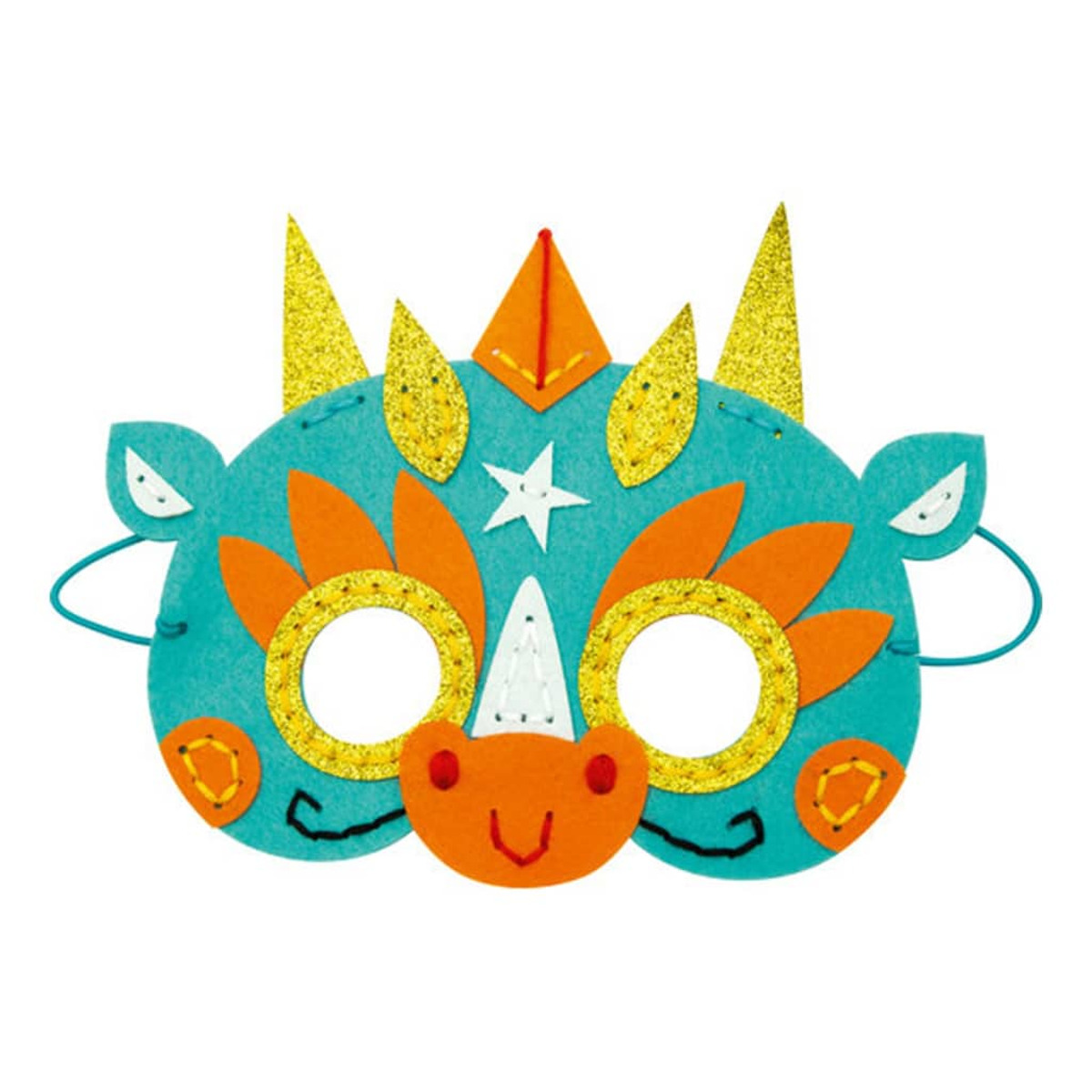 Eine farbenfrohe Filzmaske in Form eines Dinosauriers. Sie hat grüne, orange, goldene und weiße Details.