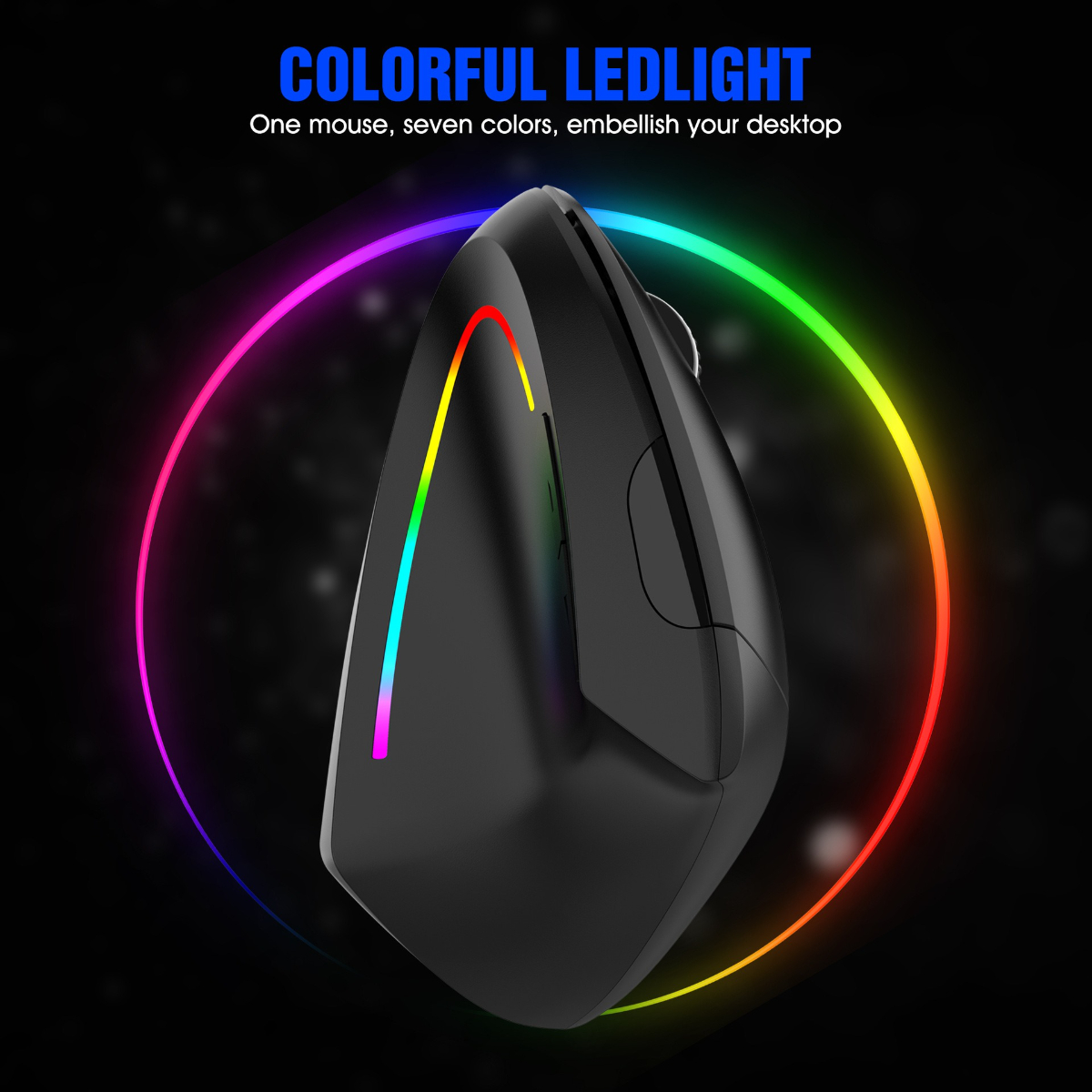 Schwarze Maus mit Regenbogen-LED-Licht. Die Maus ist von einem Regenbogenkreis umgeben.