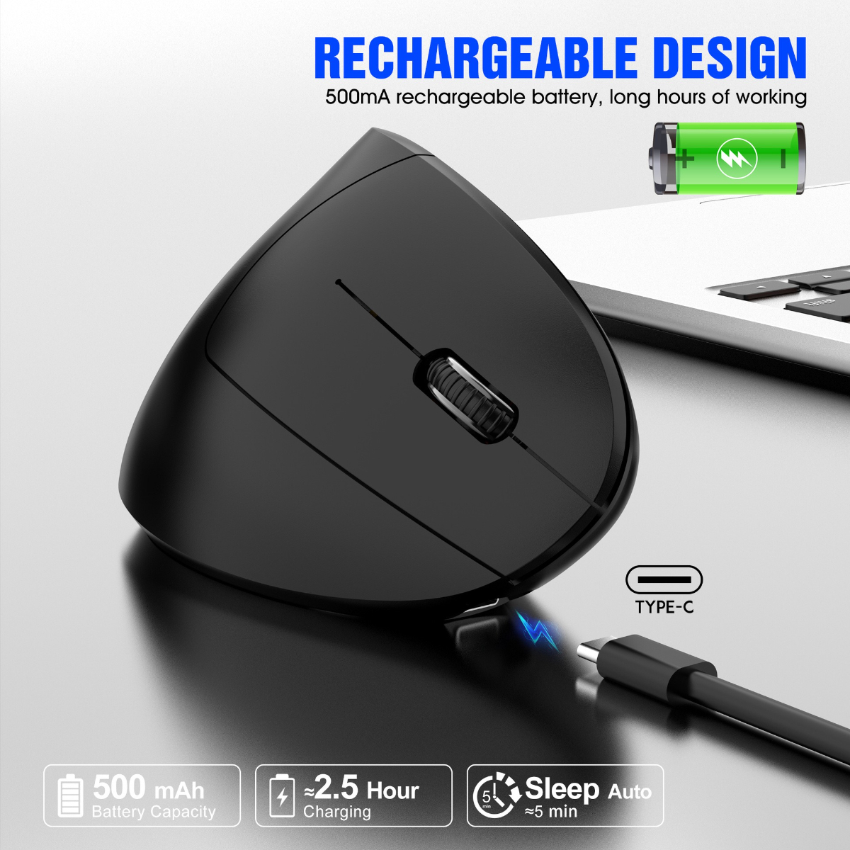 Schwarze ergonomische Maus mit Ladeanschluss und Details zur Batteriekapazität.