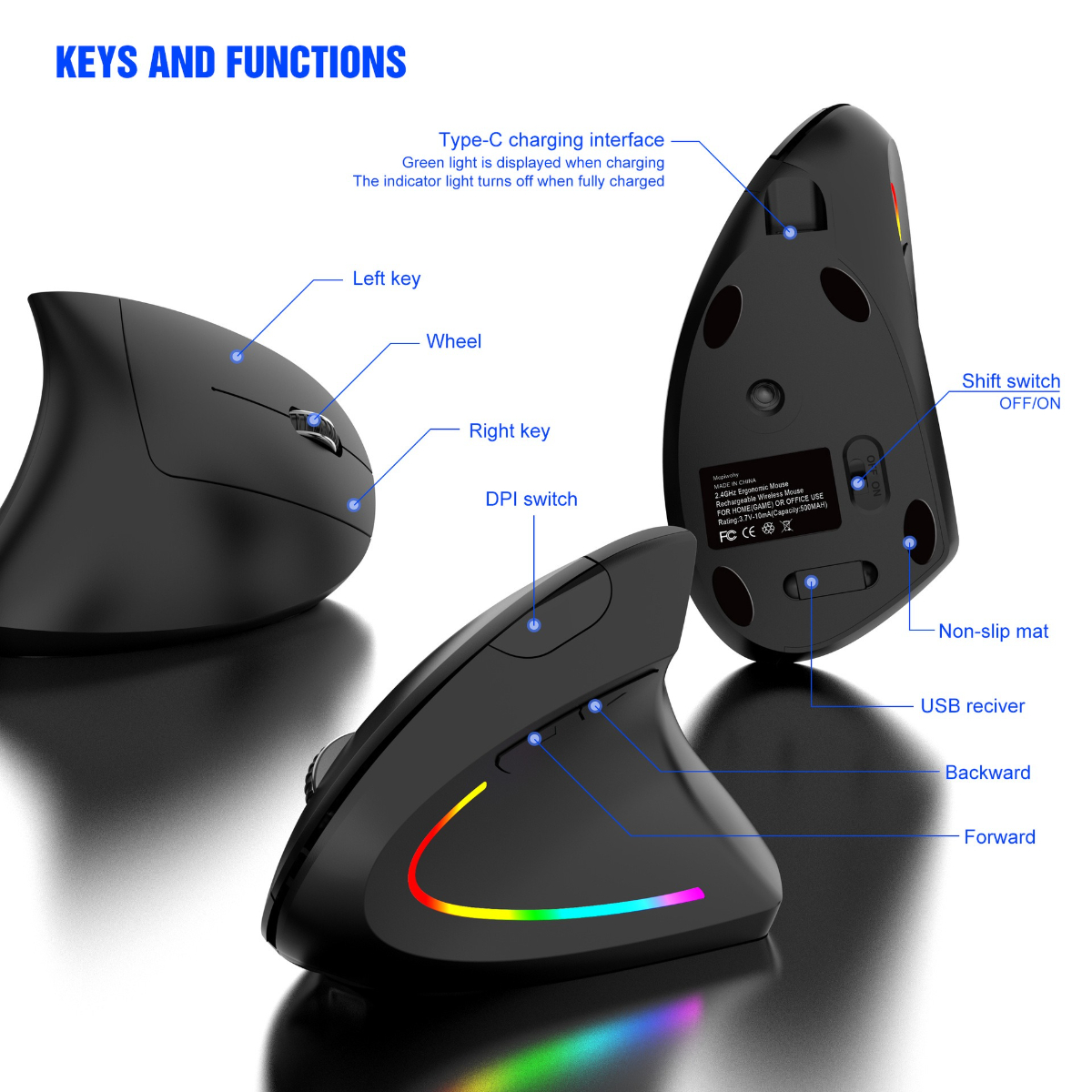 Schwarze ergonomische Maus. Hervorgehobene Tasten sind beschriftet. Unterseite hat USB-Empfänger und Umschalttaste.