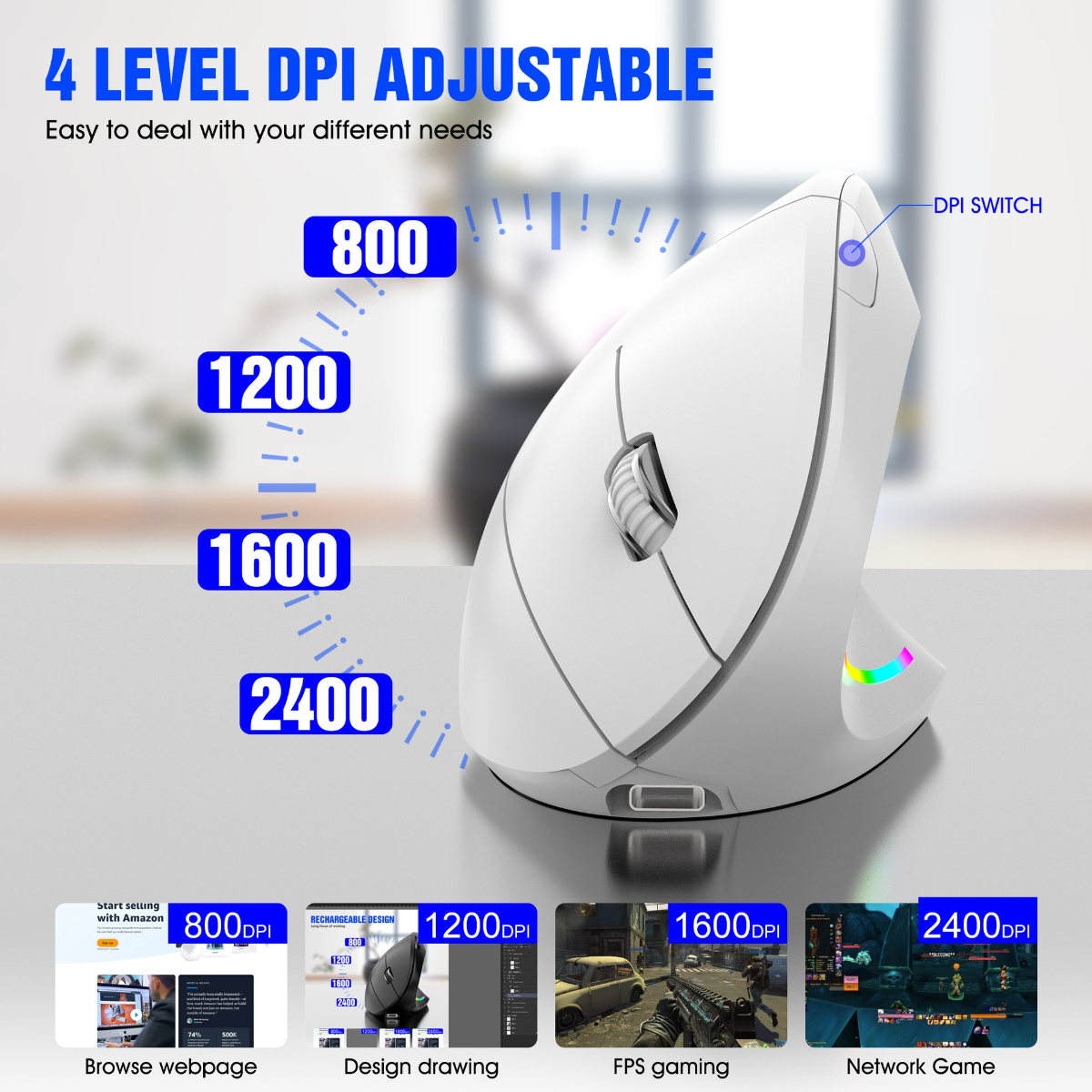 Weiße ergonomische Maus mit einstellbarem DPI, zeigt 4 Stufen: 800, 1200, 1600, 2400.