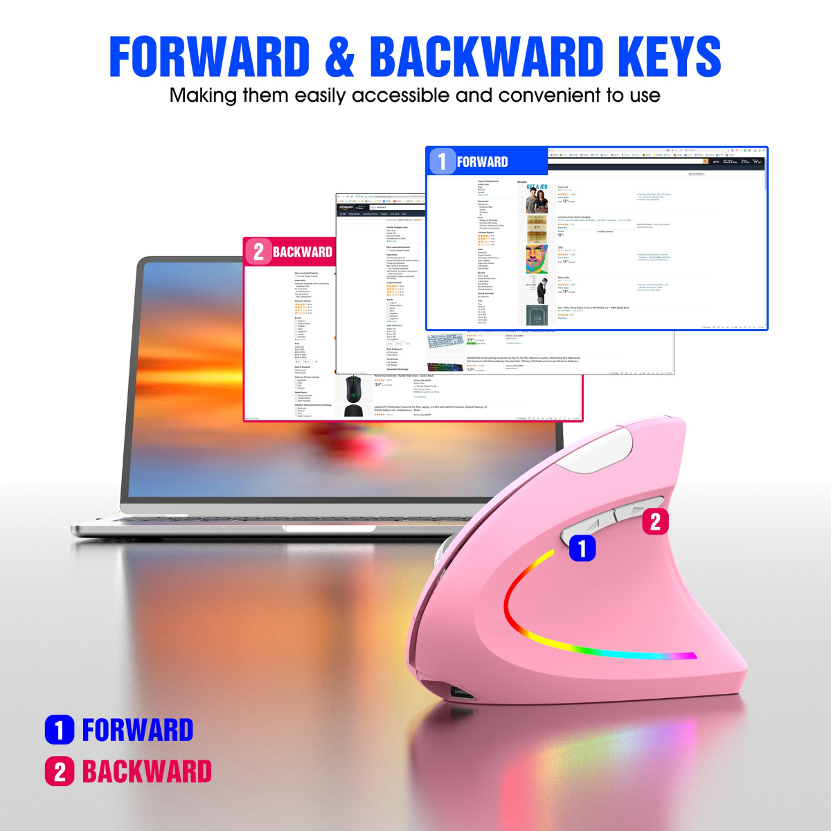 Eine pinkfarbene ergonomische Maus mit Vorwärts- und Rückwärtstasten. Ein Laptop zeigt Webseiten.