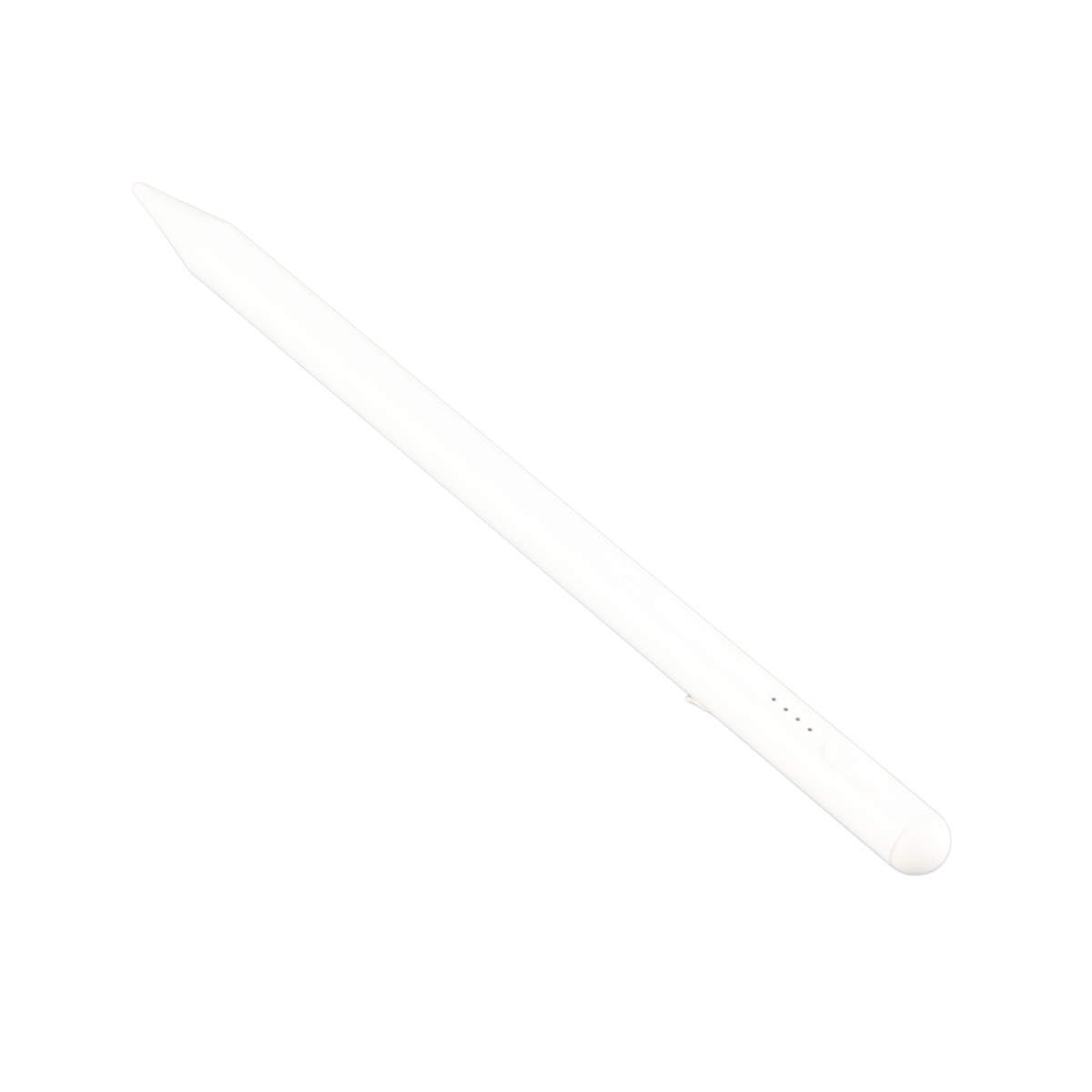 Ein weißer Stylus-Stift, ähnlich einem Apple Pencil, der auf einem weißen Hintergrund liegt, leicht angewinkelt.