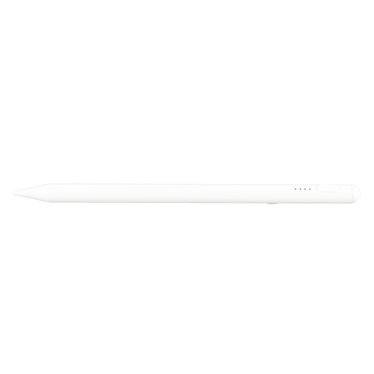 Weißer Eingabestift, isoliert auf weißem Hintergrund. Der Stift ist schlank und zylindrisch.