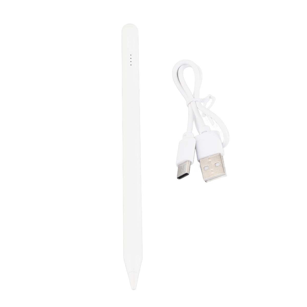 Weißer Eingabestift mit USB-C-Ladekabel. Isoliert auf Weiß. Sauberes, modernes Design. Kabel mit USB-Anschluss.