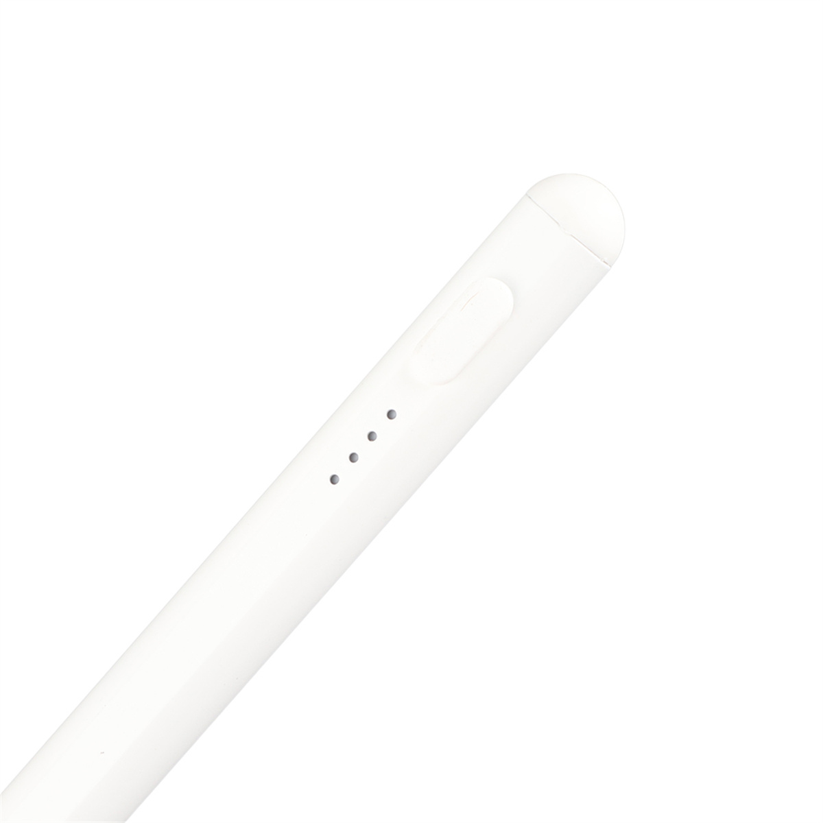 Weißer Stift mit vier kleinen Punkten. Der Stift befindet sich auf weißem Hintergrund.