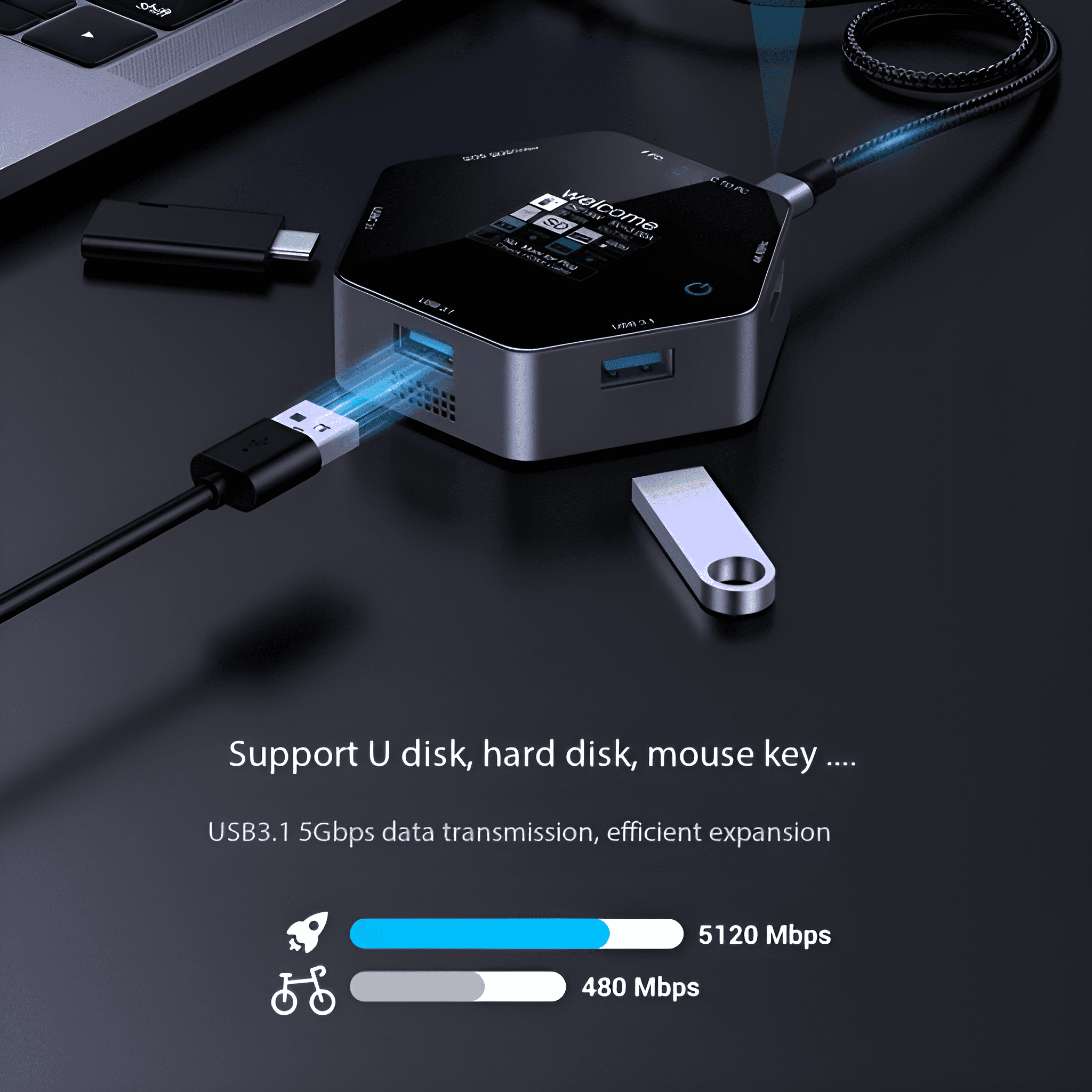 Ein silberner USB-Hub mit angeschlossenen Kabeln und einem USB-Laufwerk. Text: USB3.1 5 Gbit/s Datenübertragung.