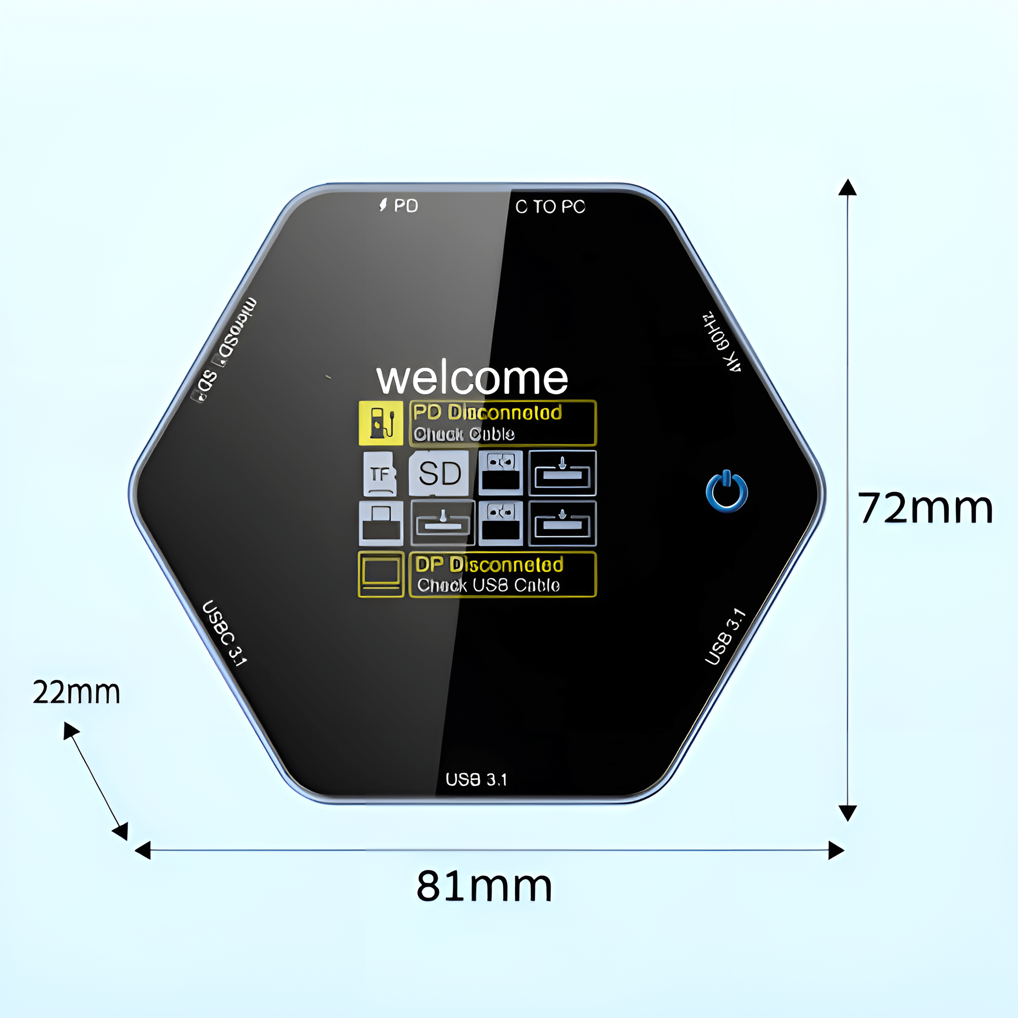 Ein schwarzer, sechseckiger USB-Hub mit mehreren Anschlüssen, einschließlich USB-C und USB 3.1, auf hellblauem Untergrund.