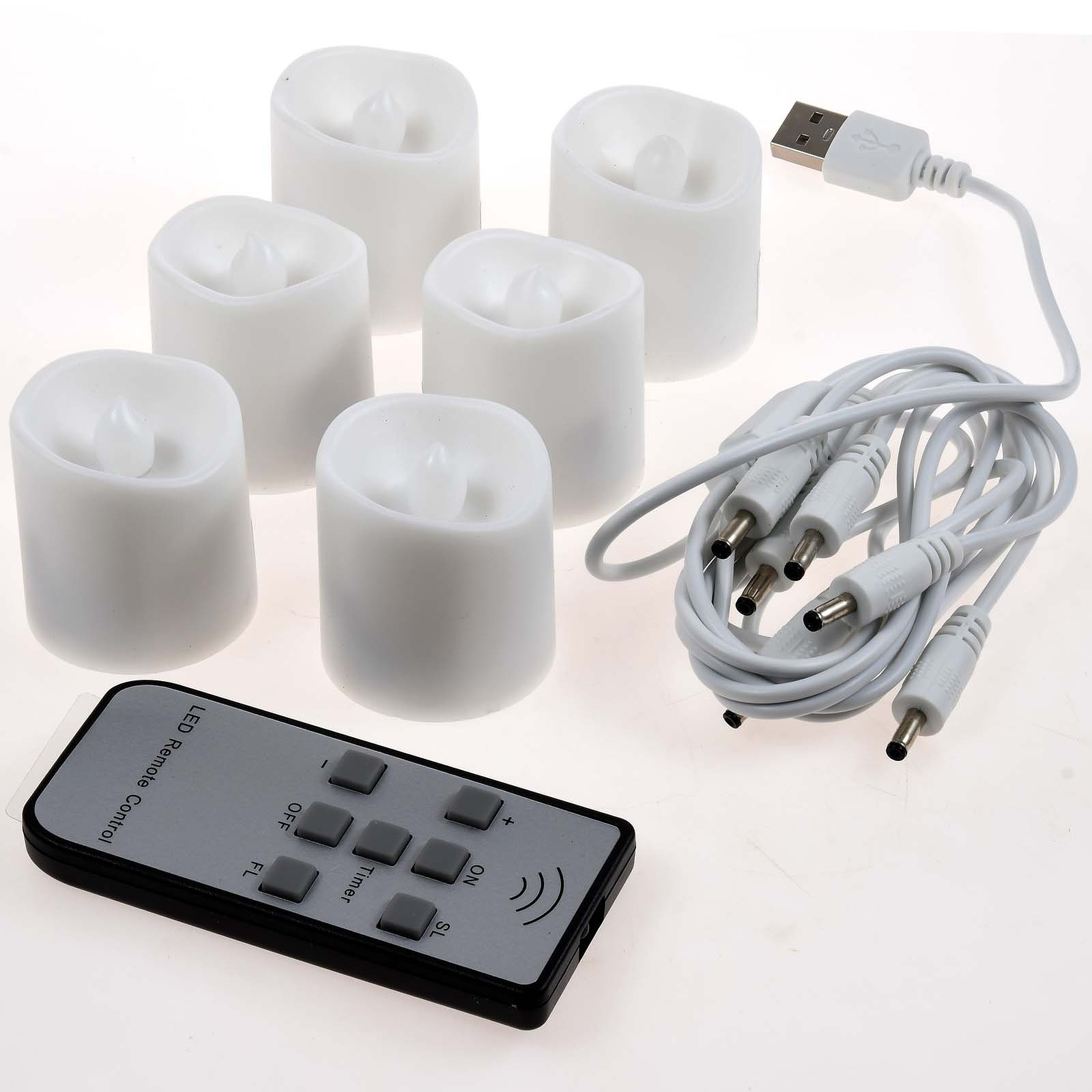 Weiße LED-Kerzen, Fernbedienung und Ladekabel.