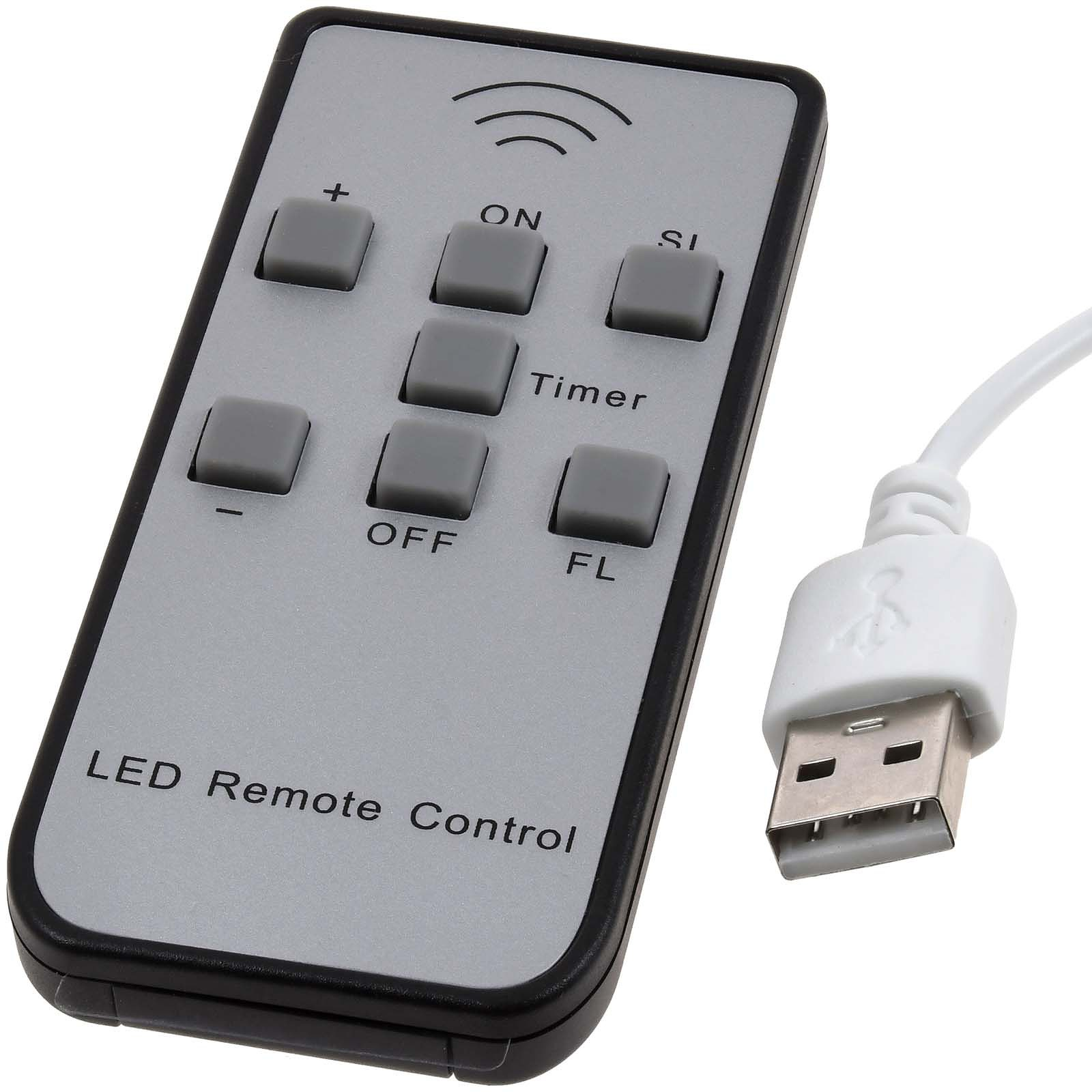 LED-Fernbedienung mit Beschriftung: Ein, Aus, Timer, FL, +, -. USB-Kabel angeschlossen.