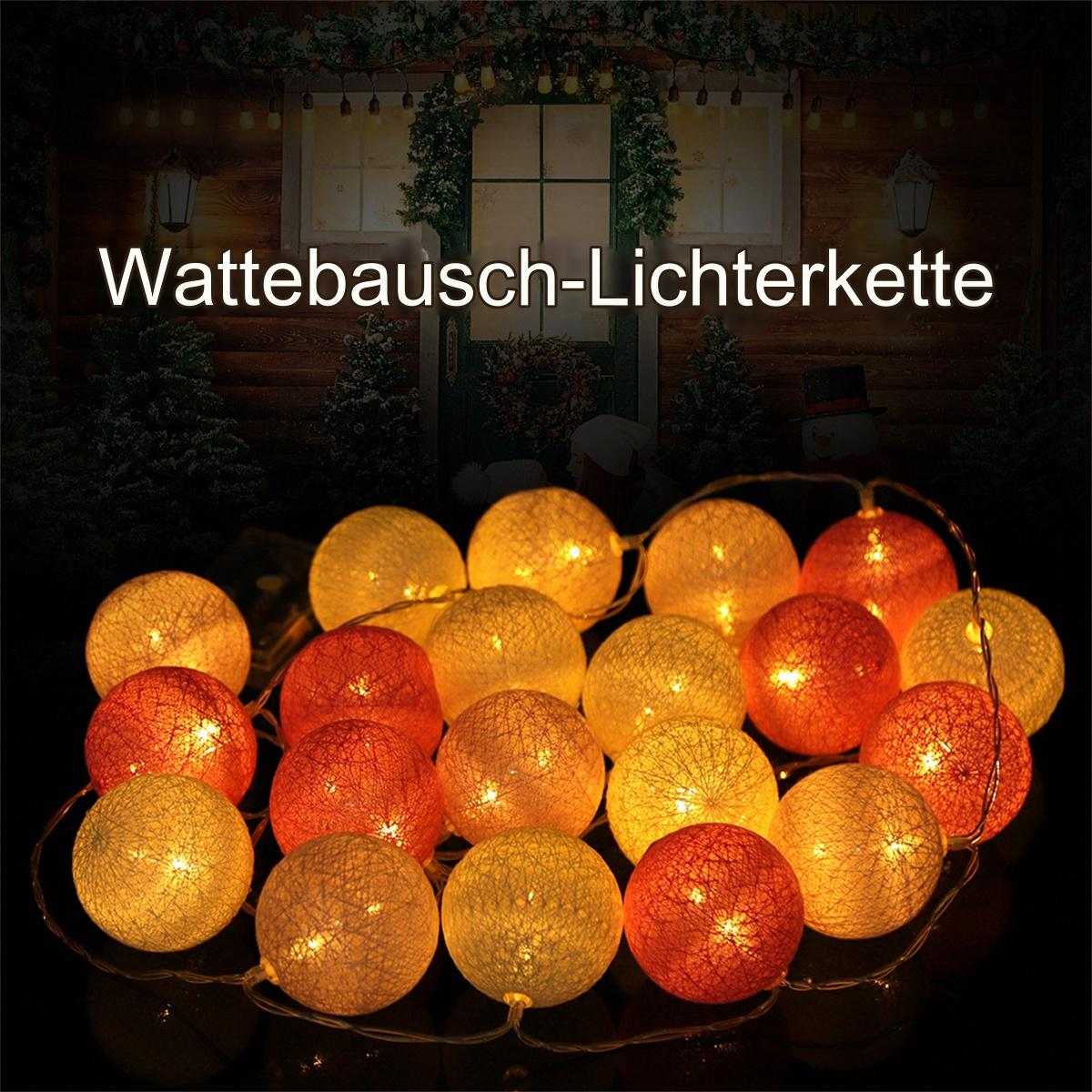 Lichterkette mit gelben und orangenen Kugeln. Dunkler Hintergrund mit deutschem Text.