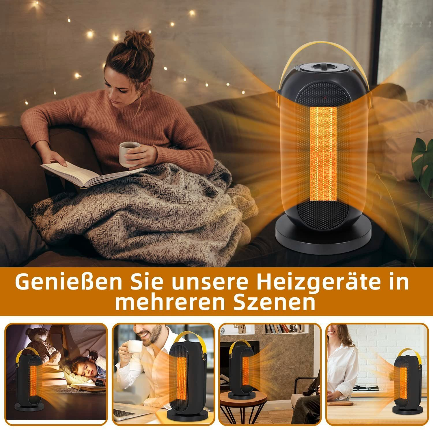 Eine schwarze Heizung mit orangefarbenem Schein, mit Menschen, die sie in mehreren Szenarien verwenden.