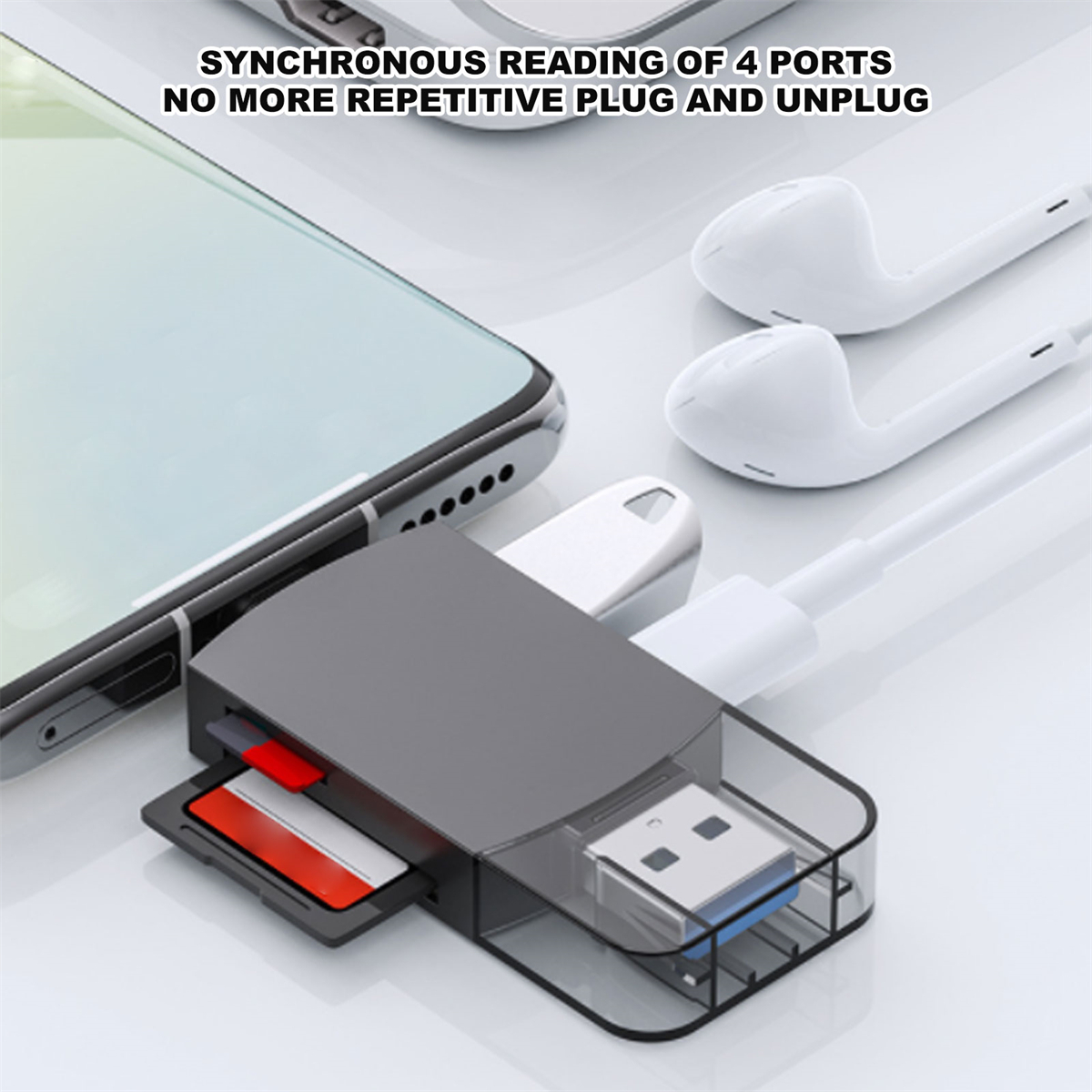 Ein Telefon mit Adapter, USB-Anschluss, Speicherkarte und Kopfhörern.