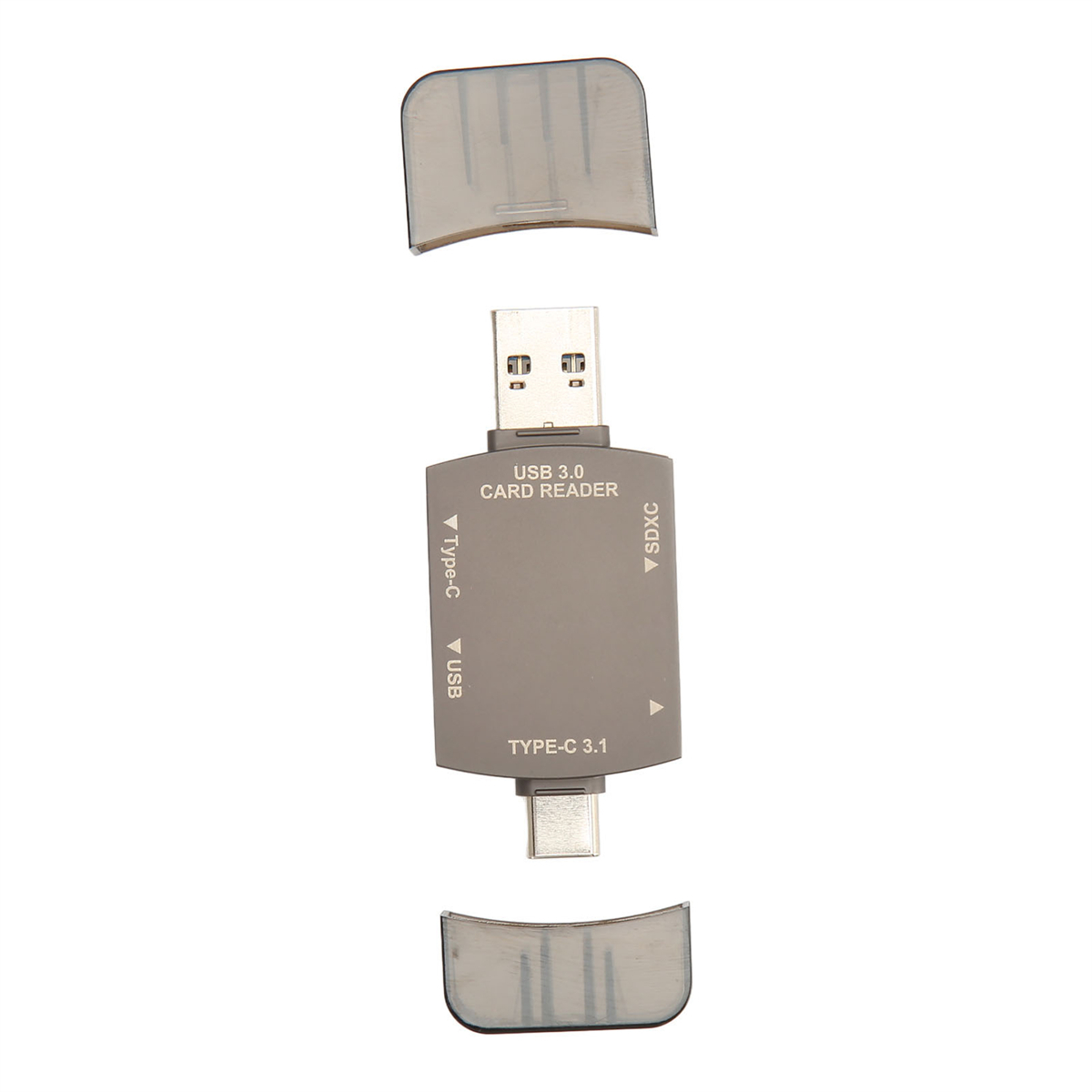 Grauer USB 3.0 Kartenleser mit Typ-C- und USB-Anschlüssen und zwei Schutzhüllen.