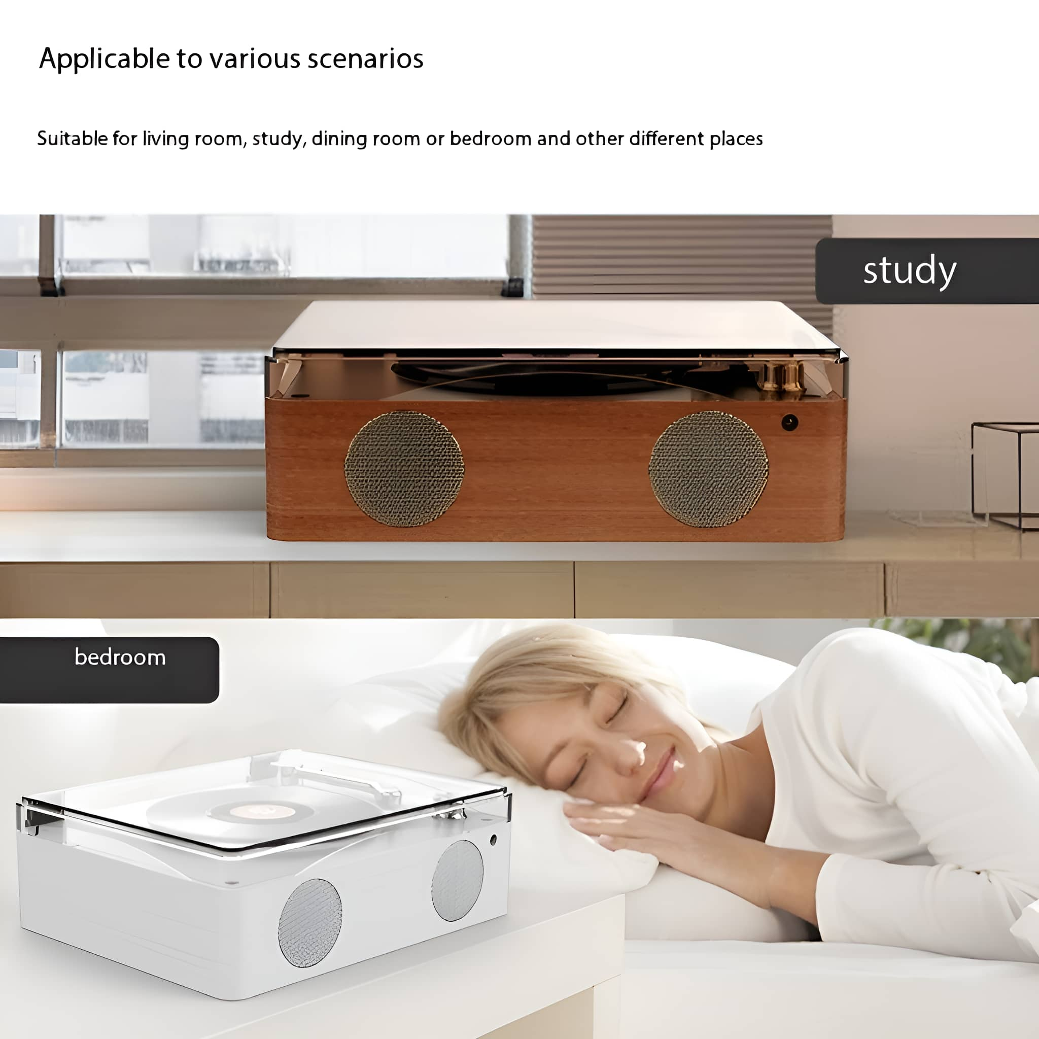 Ein Holz-Plattenspieler in einem Arbeitszimmer und ein weißer Plattenspieler in einem Schlafzimmer. Eine Frau schläft.