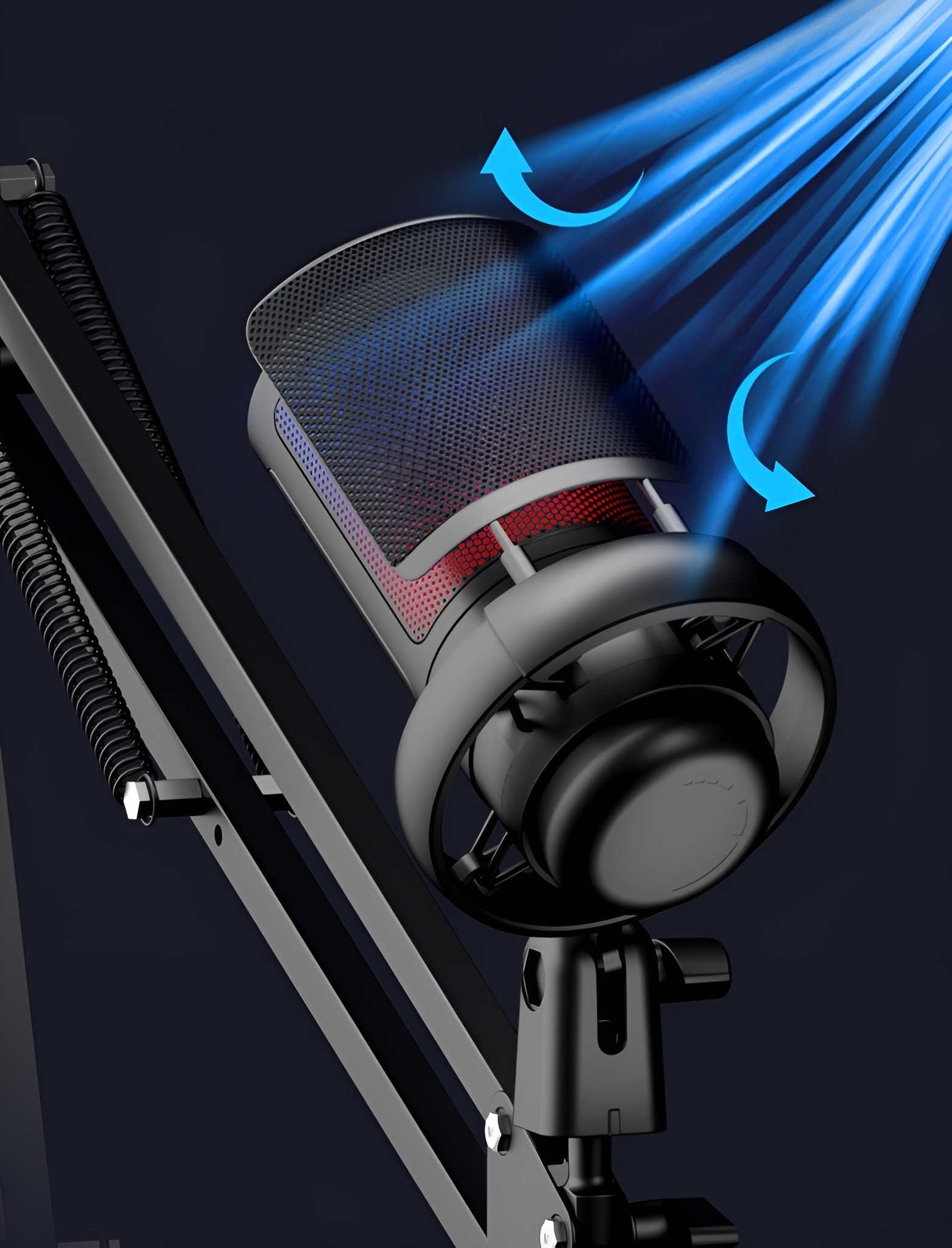 Schwarzes Mikrofon mit blauem Luftstrom und schwarzem Ständer. Das Mikrofon hat ein rotes und blaues Mesh.