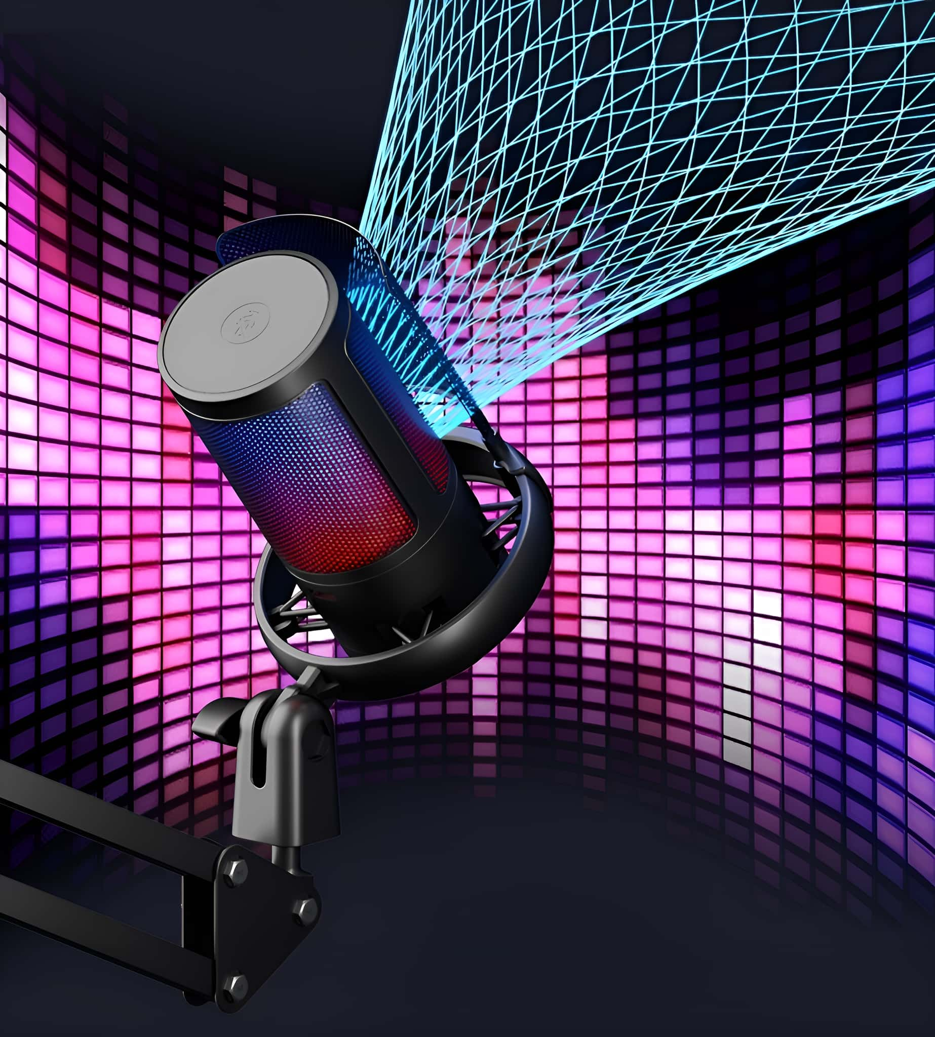 Mikrofon mit RGB-Beleuchtung auf einem Ständer. Lila und pinkfarbener Hintergrund mit Schallwellen-Design. Professionelles Aussehen.
