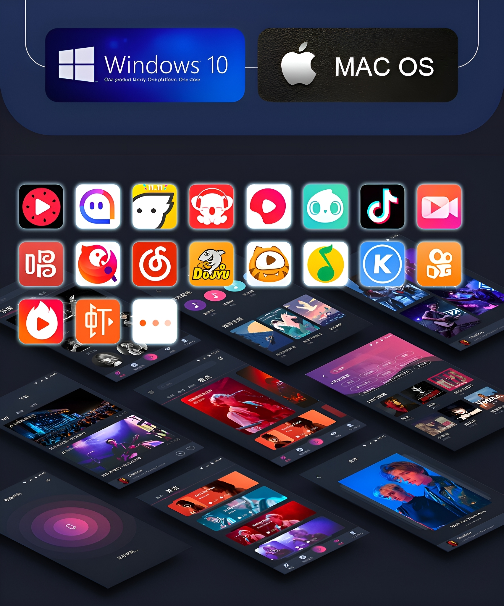 App-Symbole für Windows 10 und Mac OS, mit einer Rasteransicht von App-Miniaturansichten darunter. Musik-Streaming-App-Symbole.
