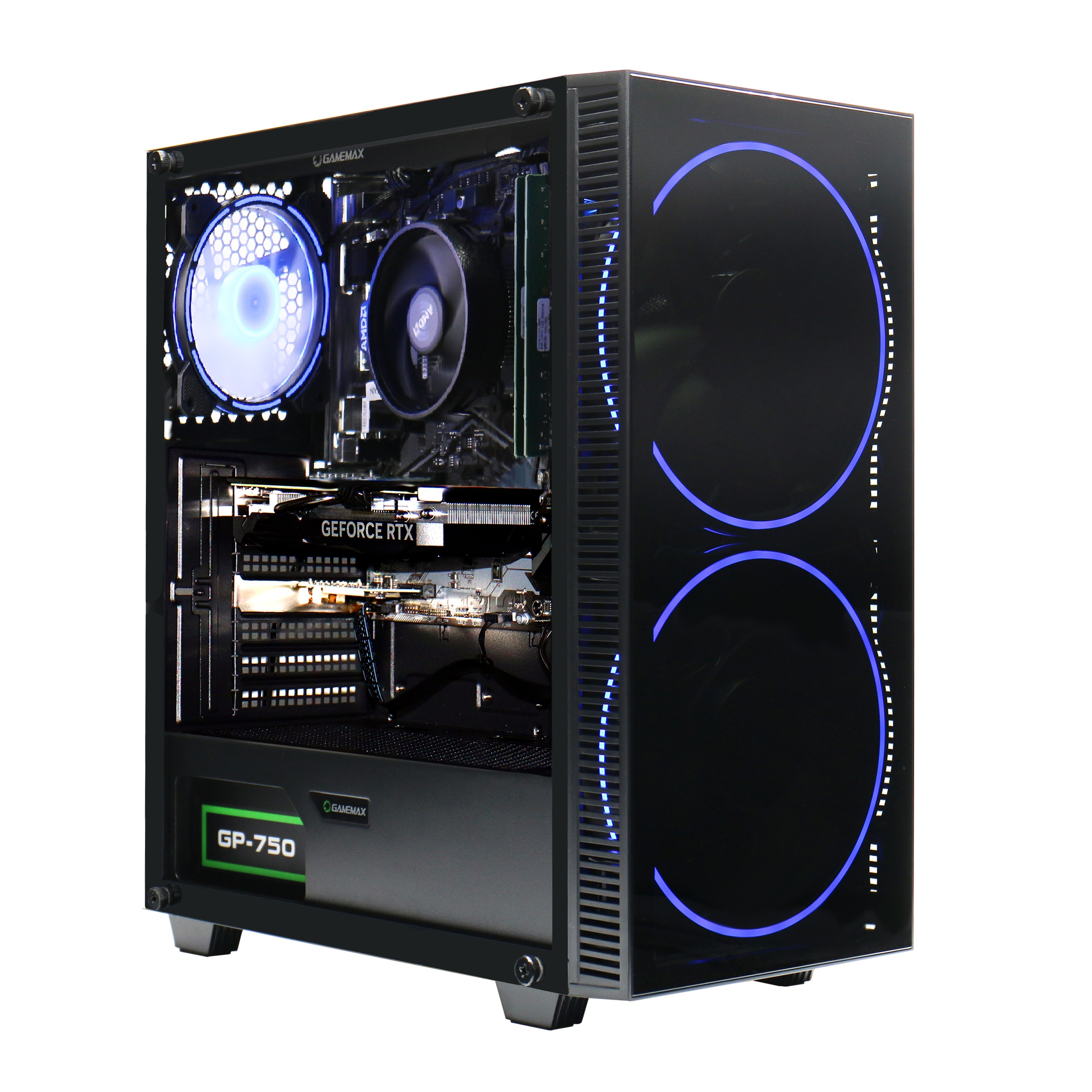 Schwarzes Computergehäuse mit Glasseite, interne Komponenten, blaue LED-Leuchten.
