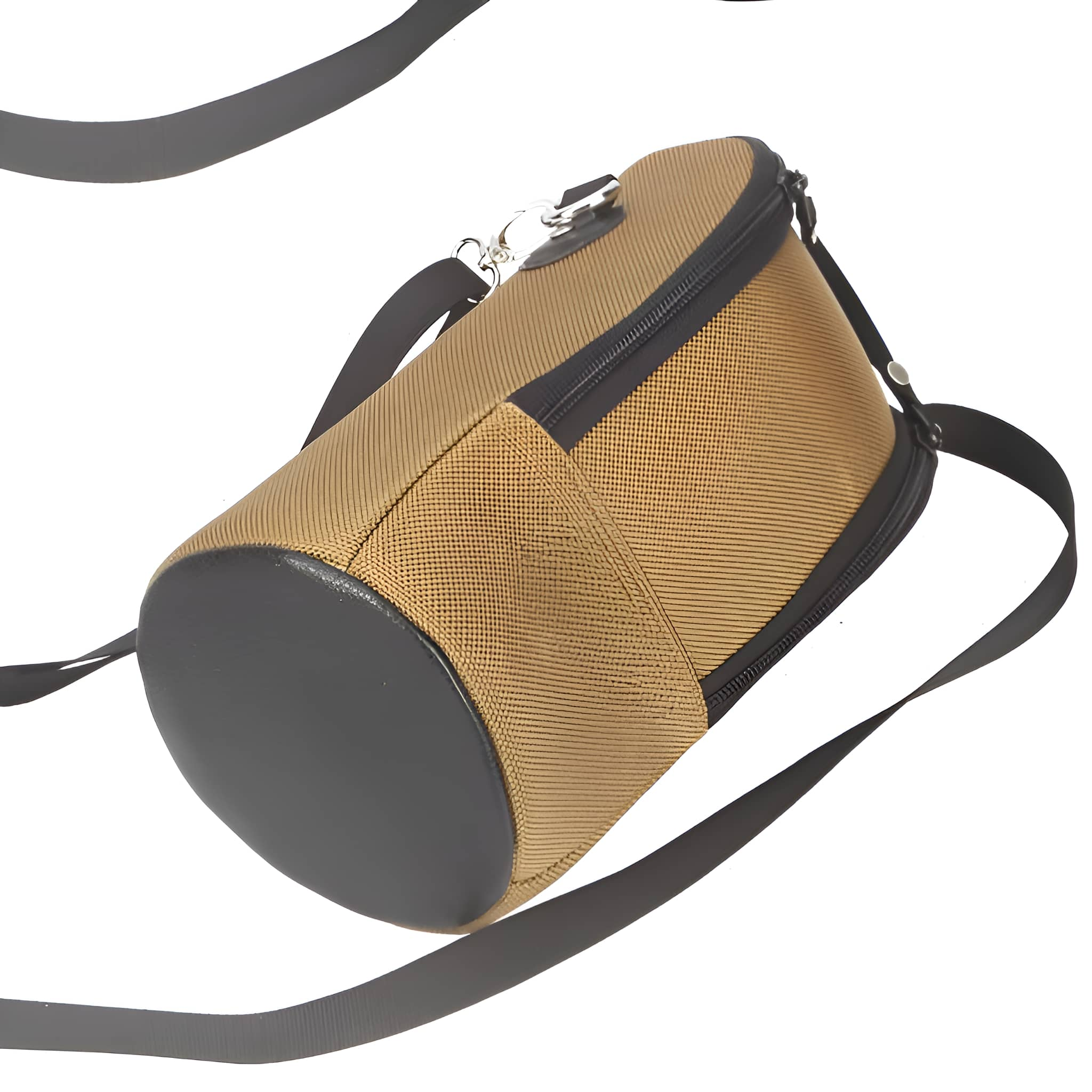 Zylindrische Tasche in Beige mit schwarzen Akzenten und Schultergurt.