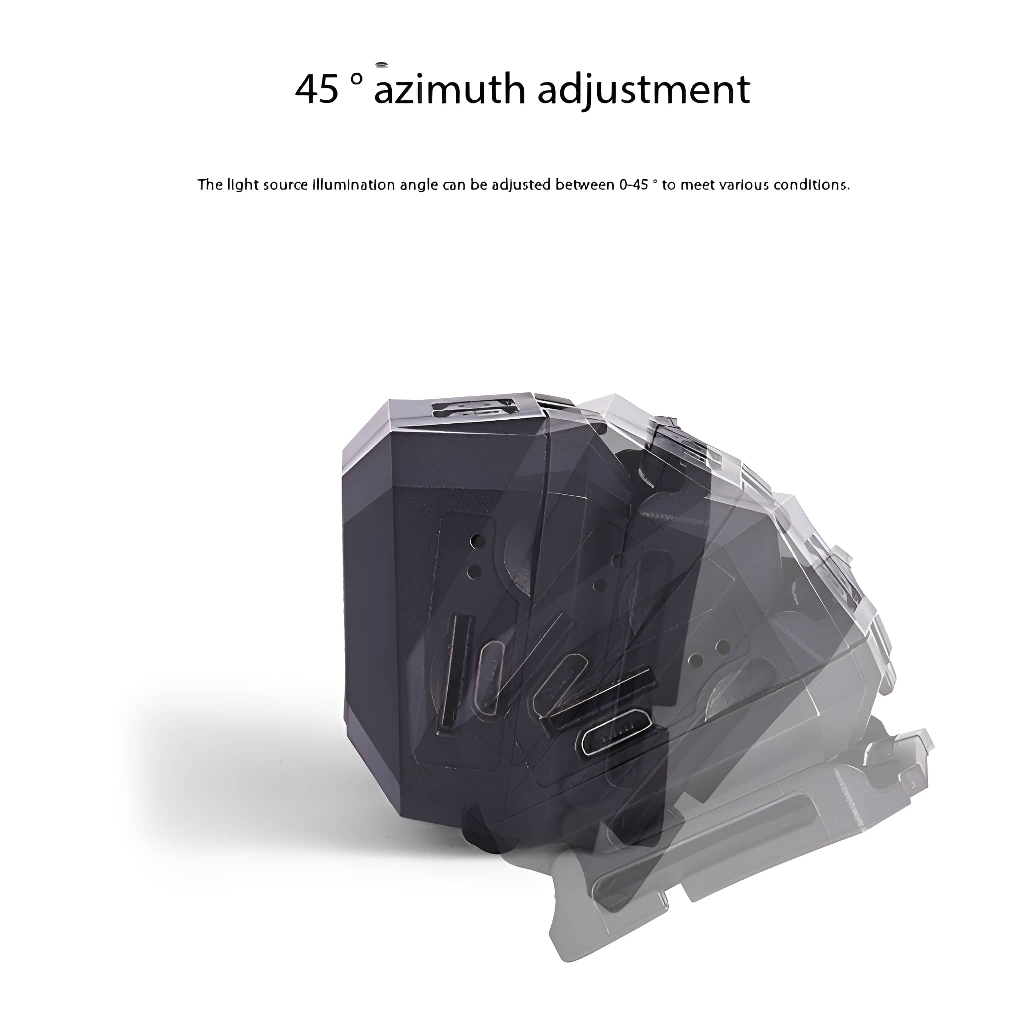 Schwarzes elektronisches Gerät mit abgewinkeltem Design. Text zeigt 45° Winkeleinstellung.