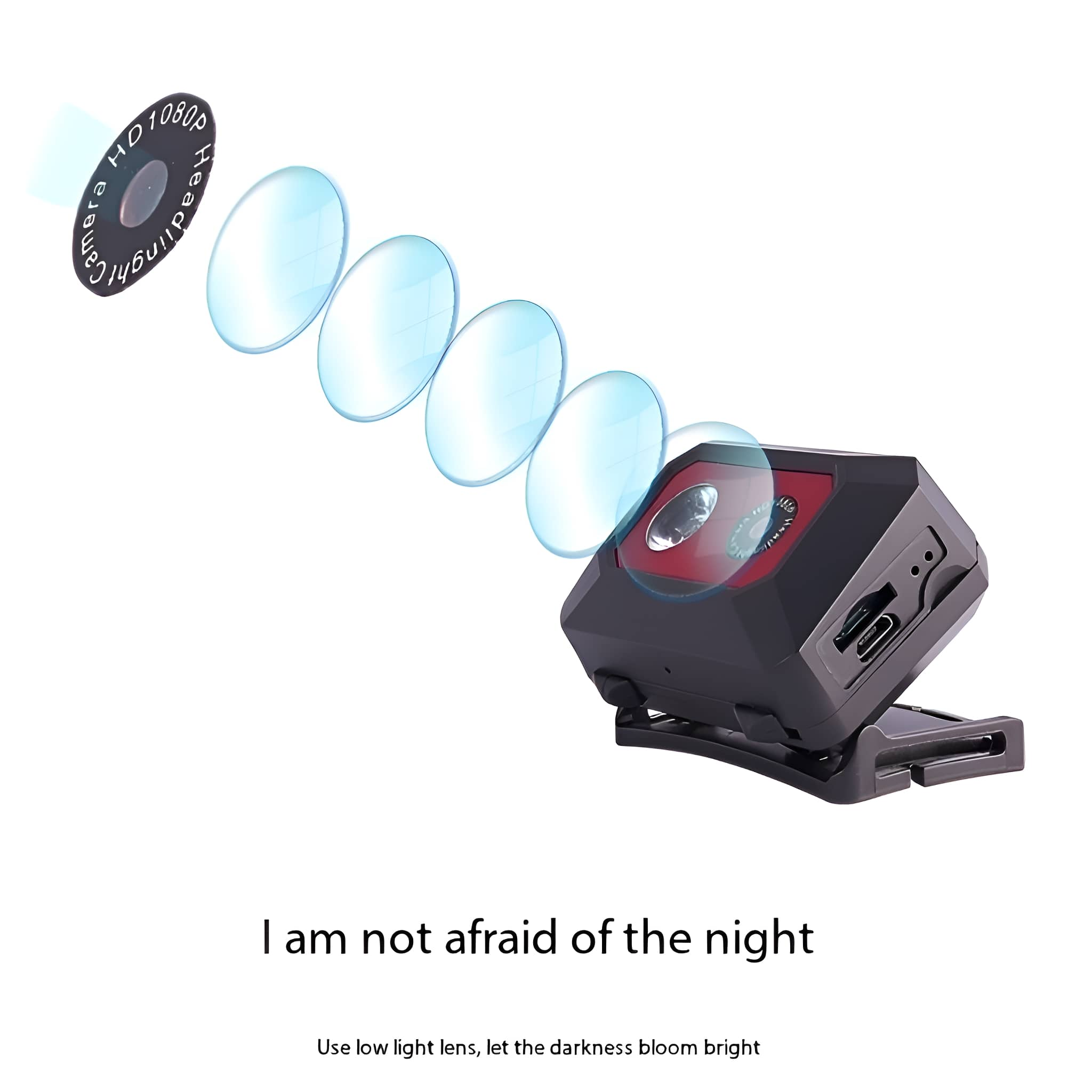 Schwarze und rote Stirnlampe mit Linse und Text "Ich habe keine Angst vor der Nacht".