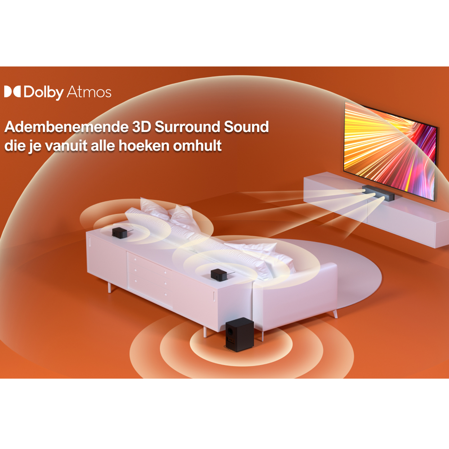 3D surround sound concept. Een bed met een tv en luidsprekers, met visualisaties van geluidsgolven.