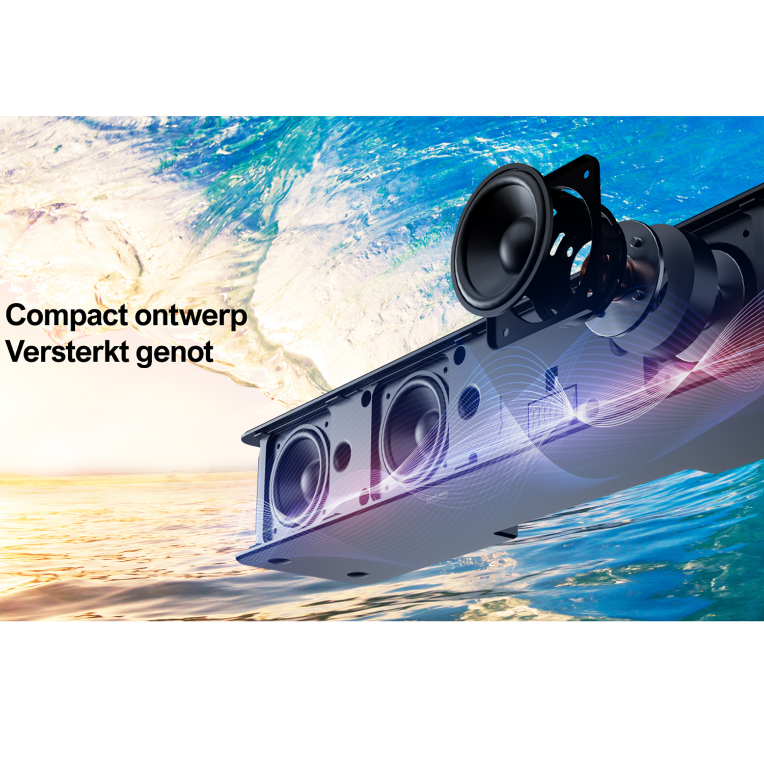 Soundbar met luidsprekers. De geluidsgolven worden gevisualiseerd. De tekst 'Compact ontwerp Versterkt genot'.