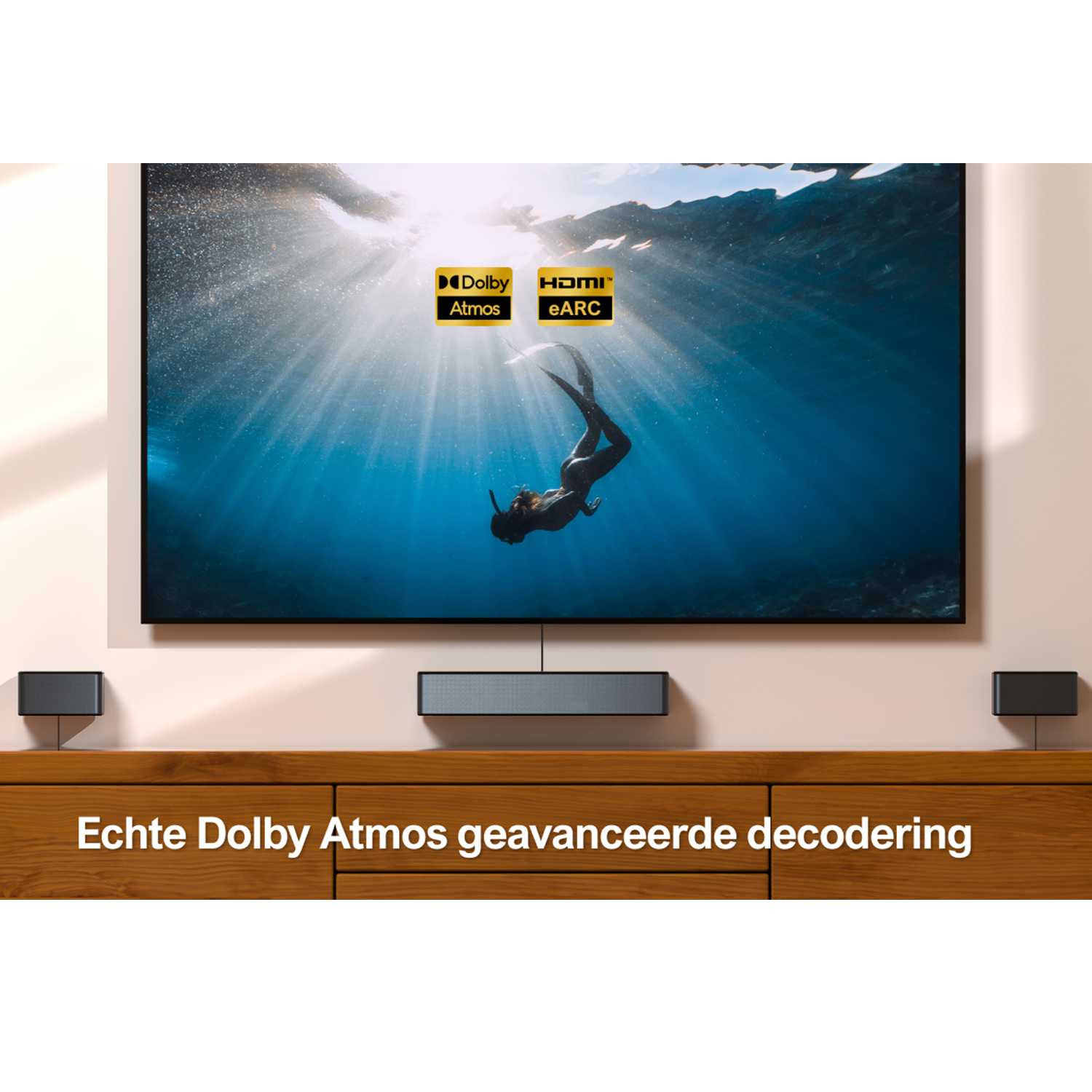 Tv-scherm met een duiker in het water en audioapparatuur.