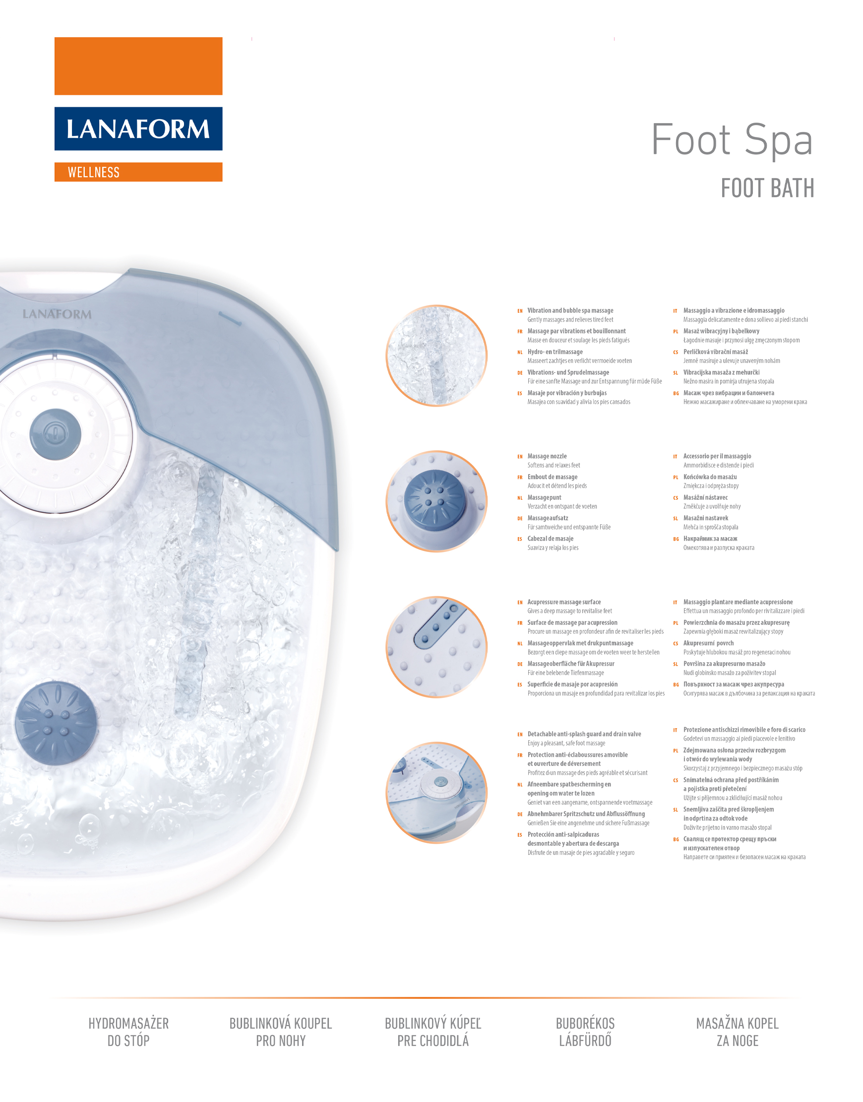 Schéma d'un bain de pieds avec des étiquettes et du texte. Montrant les différentes parties du produit.