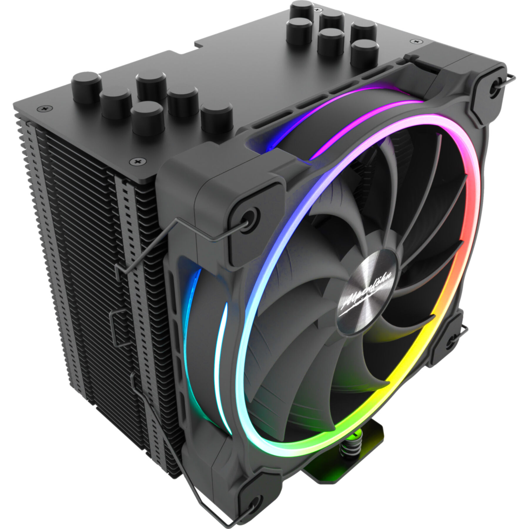 Ein schwarzer CPU-Kühler mit einem schwarzen Lüfter mit RGB-Beleuchtung.