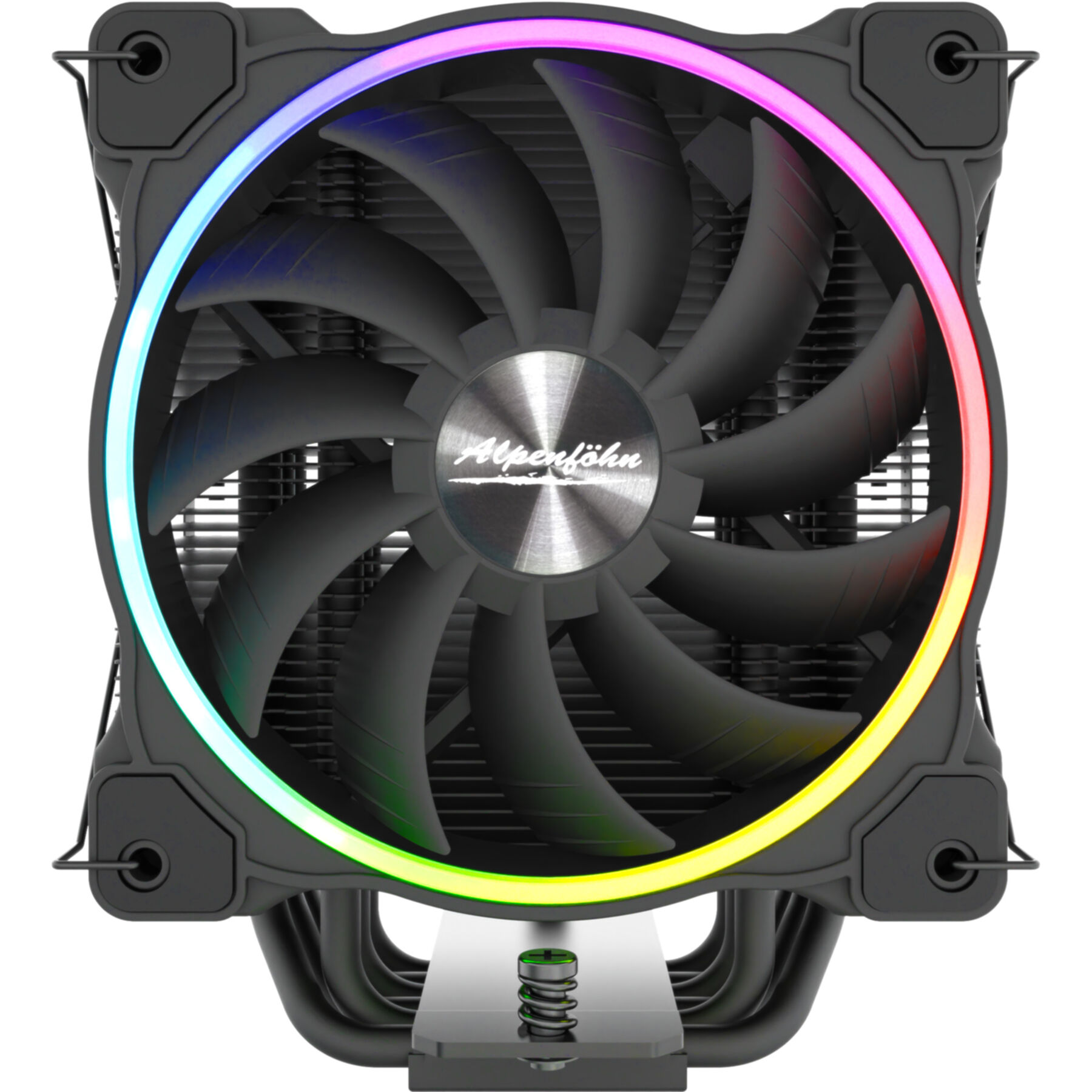 Ein schwarzer PC-Kühler mit einem Lüfter und einem farbenfrohen LED-Ring darum herum.