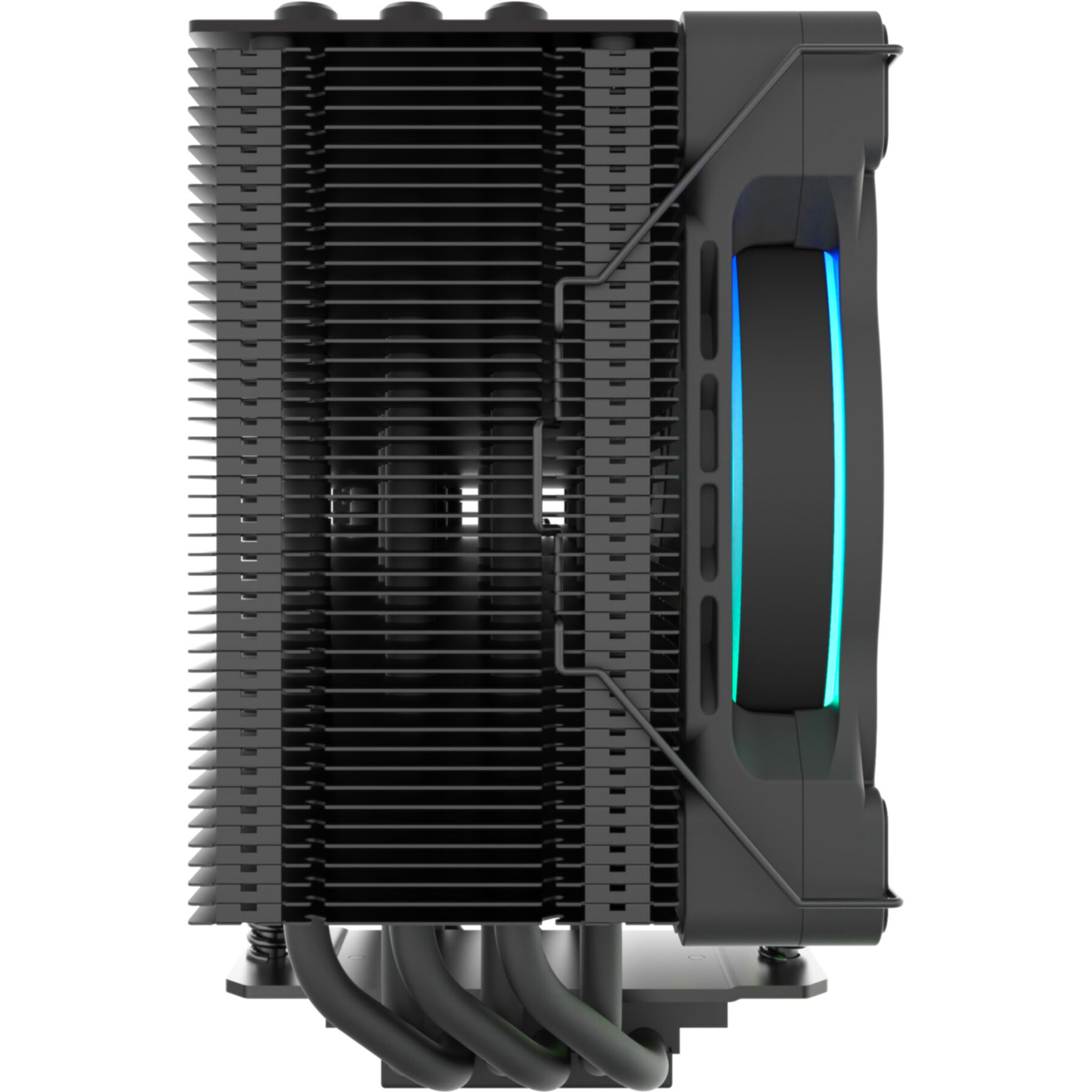 Schwarzer CPU-Kühler mit Kühlrippen und einem schwarzen Lüfter mit blauen Lichtern.