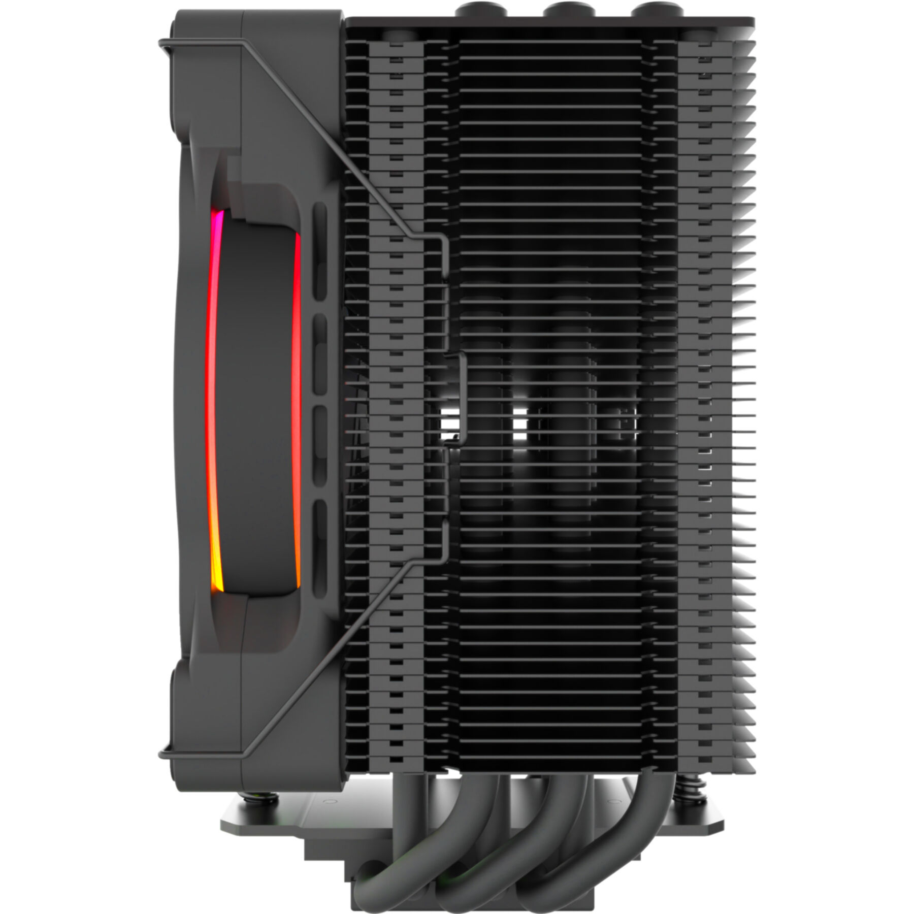 Seitenansicht eines schwarzen CPU-Kühlers mit einem rot-gelb leuchtenden Lüfter und Heatpipes.