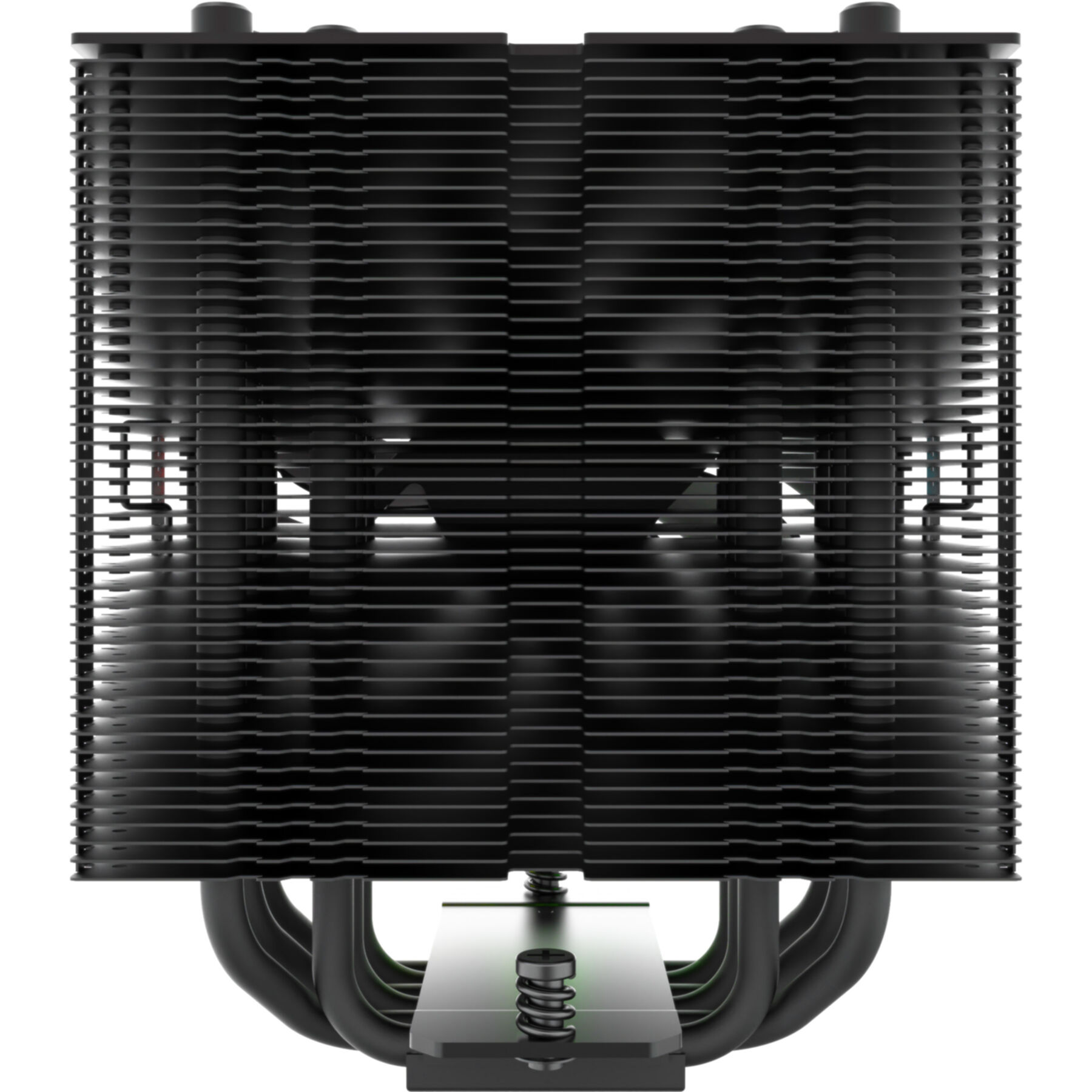 Ein schwarzer CPU-Kühler mit mehreren Lamellen und einer Basis mit Rohren, auf weißem Hintergrund.
