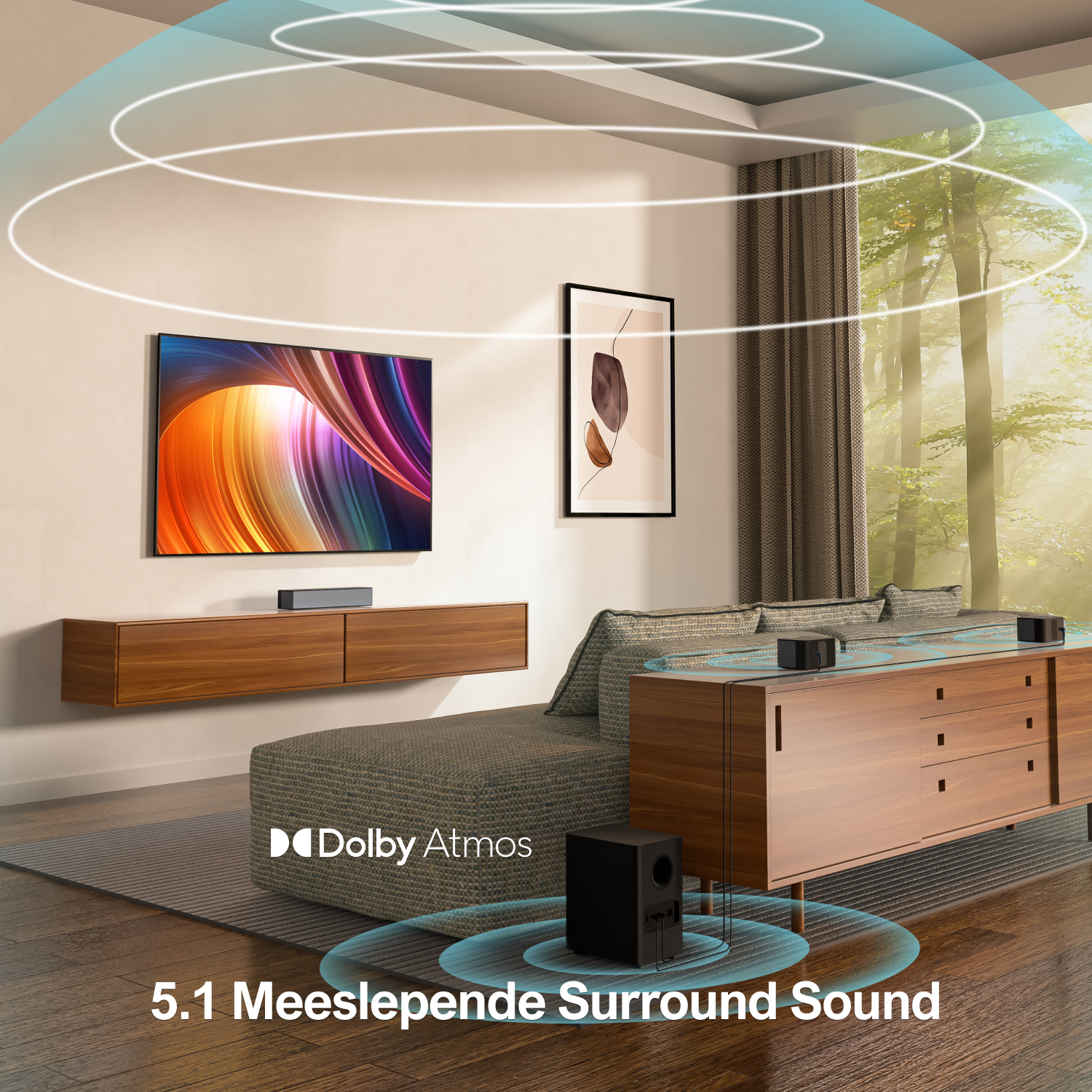 Woonkamer met een tv aan de muur, geluidssysteem, bank. Een afbeelding en de tekst Dolby Atmos.