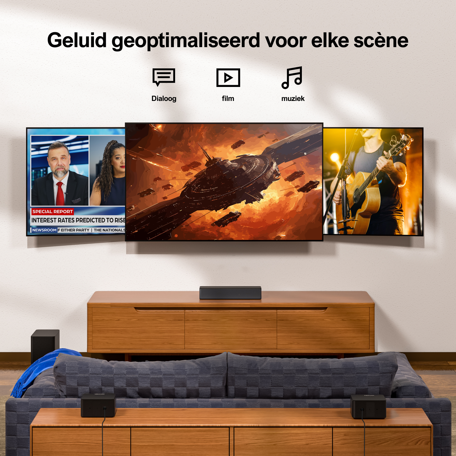 Drie tv's die verschillende scènes tonen: nieuws, ruimte en een muzikant. Tekst bovenaan: 'Geluid geoptimaliseerd'.