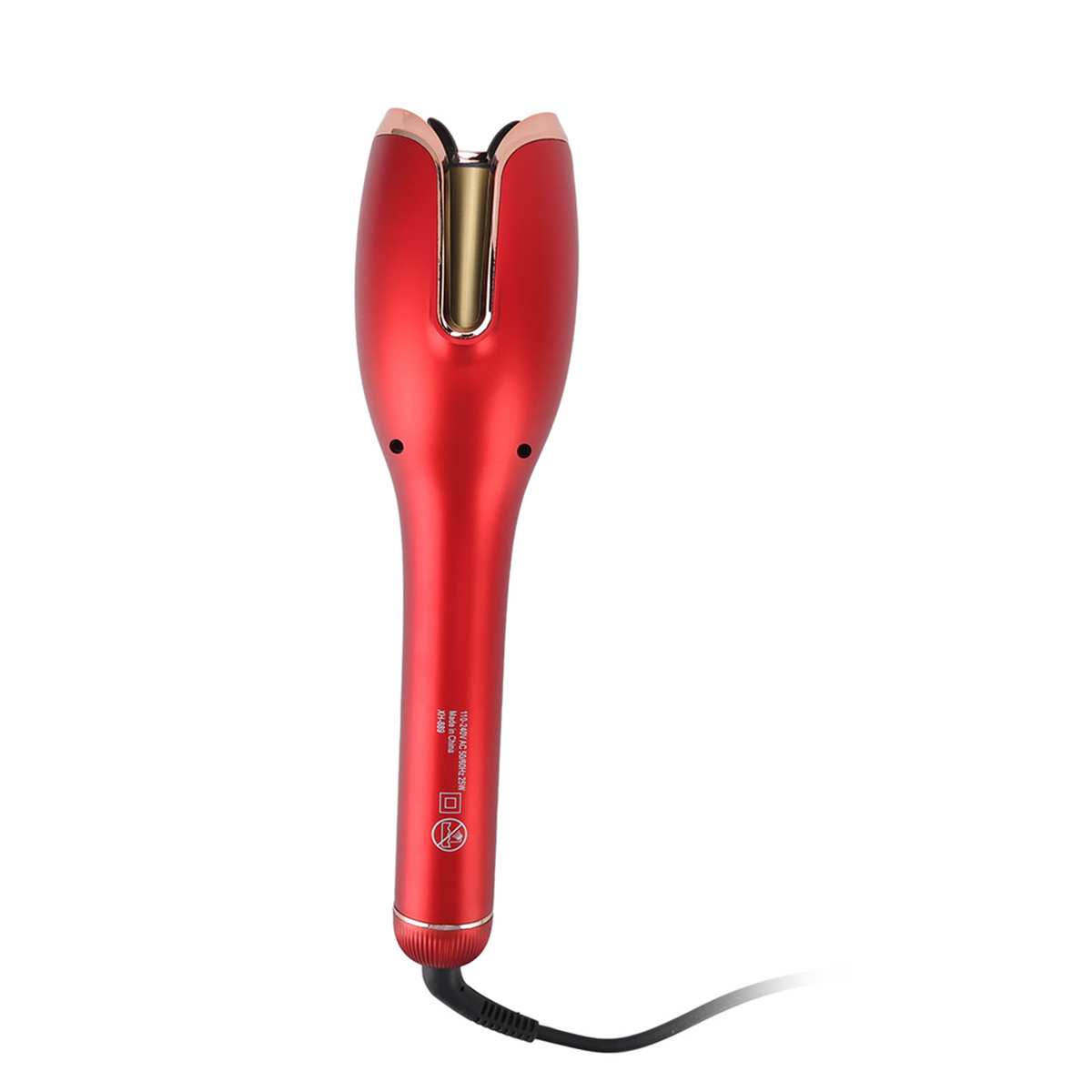 Roter Lockenstab mit langem Griff und Kabel. Der Lockenwicklerteil ist goldfarben.