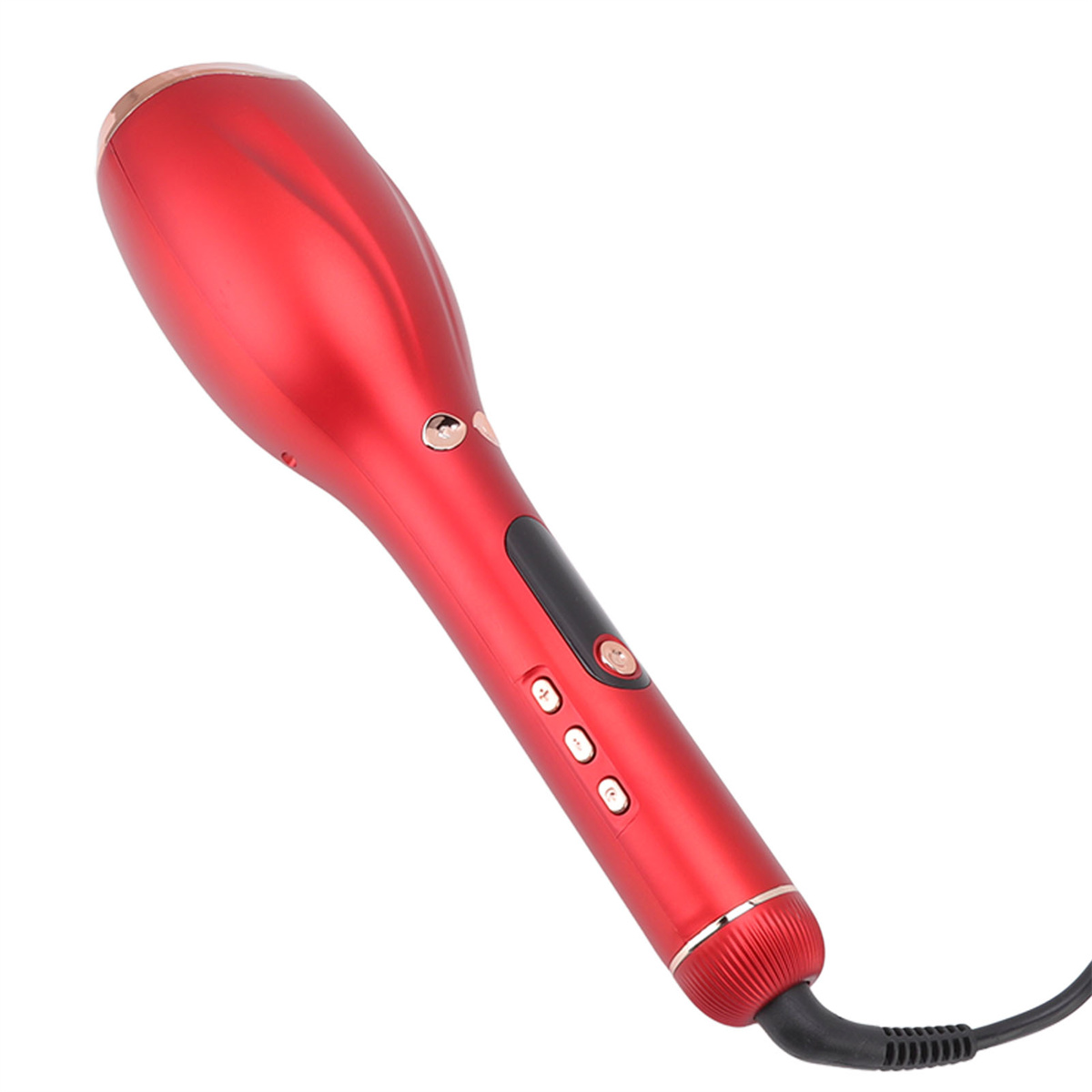 Eine rote Haarglättungsbürste mit Knöpfen und einem schwarzen Kabel, isoliert auf weißem Hintergrund.